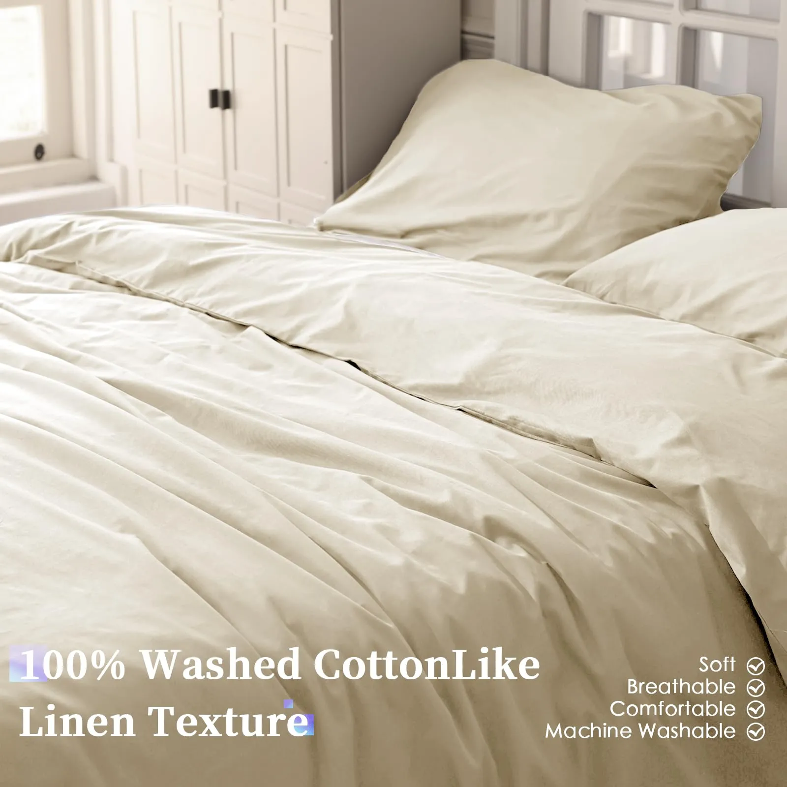 Cotopuro Set Copripiumino Matrimoniale 100% Cotone 240x220 con 2 Federe 50x80, Beige Chiaro - immagine 2