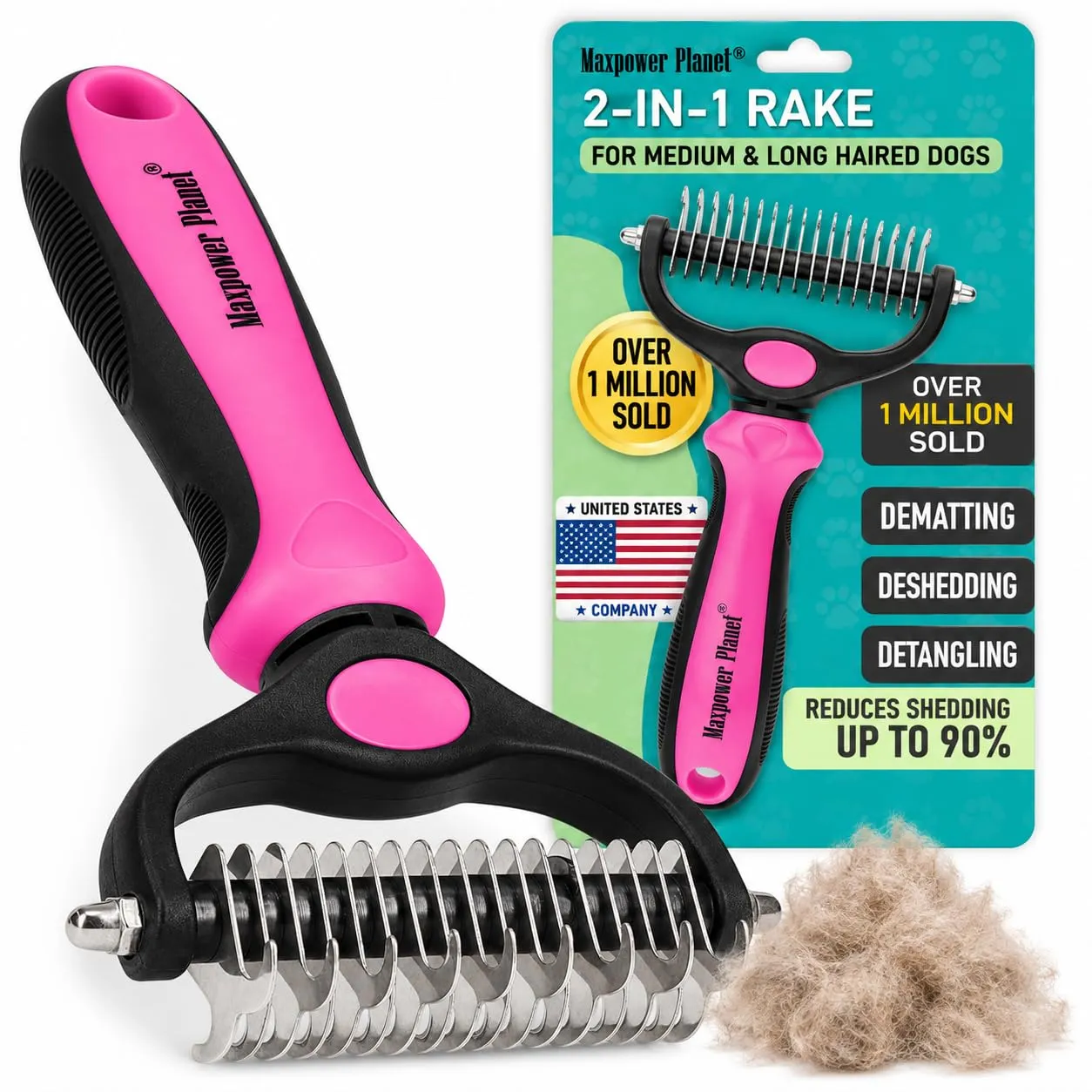 Maxpower Planet Spazzola per Capelli Bifacciale per Cani e Gatti, Pelo Extra Largo, Rosa - immagine 1