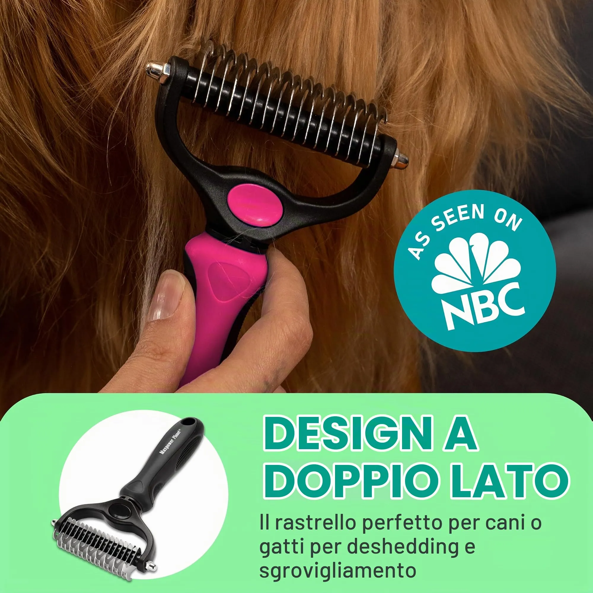 Maxpower Planet Spazzola per Capelli Bifacciale per Cani e Gatti, Pelo Extra Largo, Rosa - immagine 2