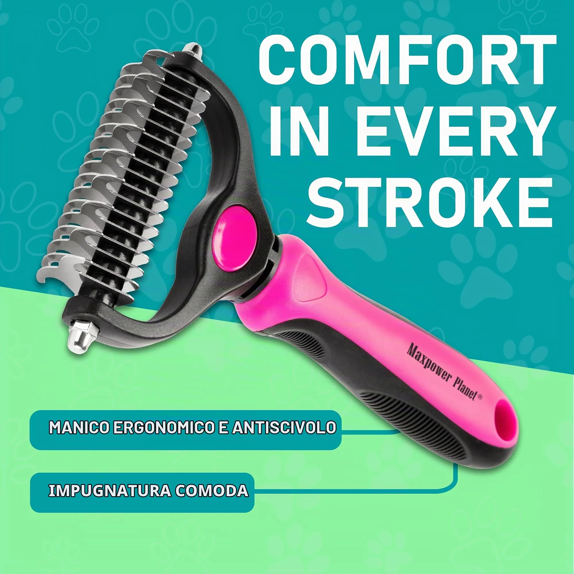 Maxpower Planet Spazzola per Capelli Bifacciale per Cani e Gatti, Pelo Extra Largo, Rosa - immagine 8