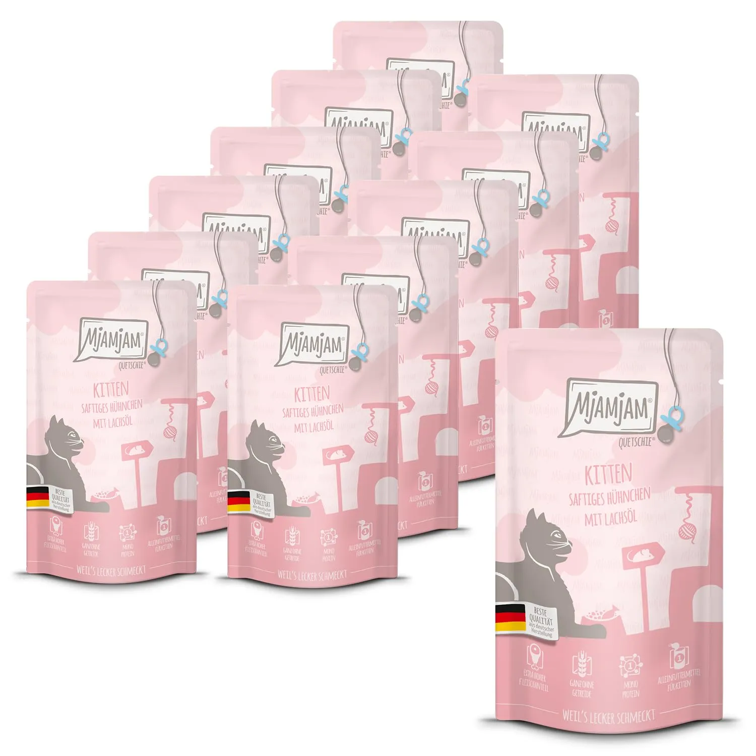MjAMjAM Quetschie Kitten pollo succoso con olio di salmone, senza cereali, 12 x 125 g - immagine 1