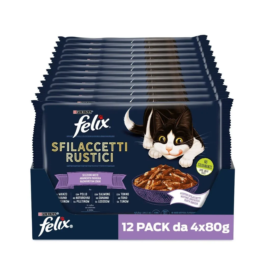 Felix Sfilaccetti Rustici Cibo Umido per Gatti Adulti, Manzo, Pollo, Tonno e Salmone, 48 Bustine da 85 g - immagine 1