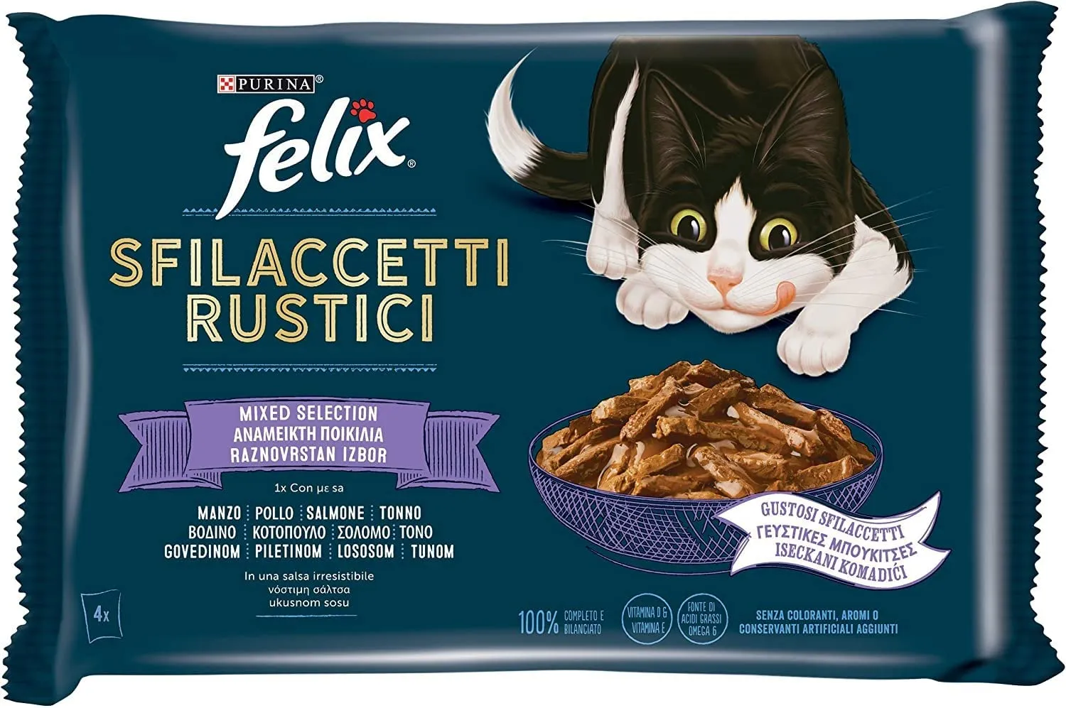 Felix Sfilaccetti Rustici Cibo Umido per Gatti Adulti, Manzo, Pollo, Tonno e Salmone, 48 Bustine da 85 g - immagine 2