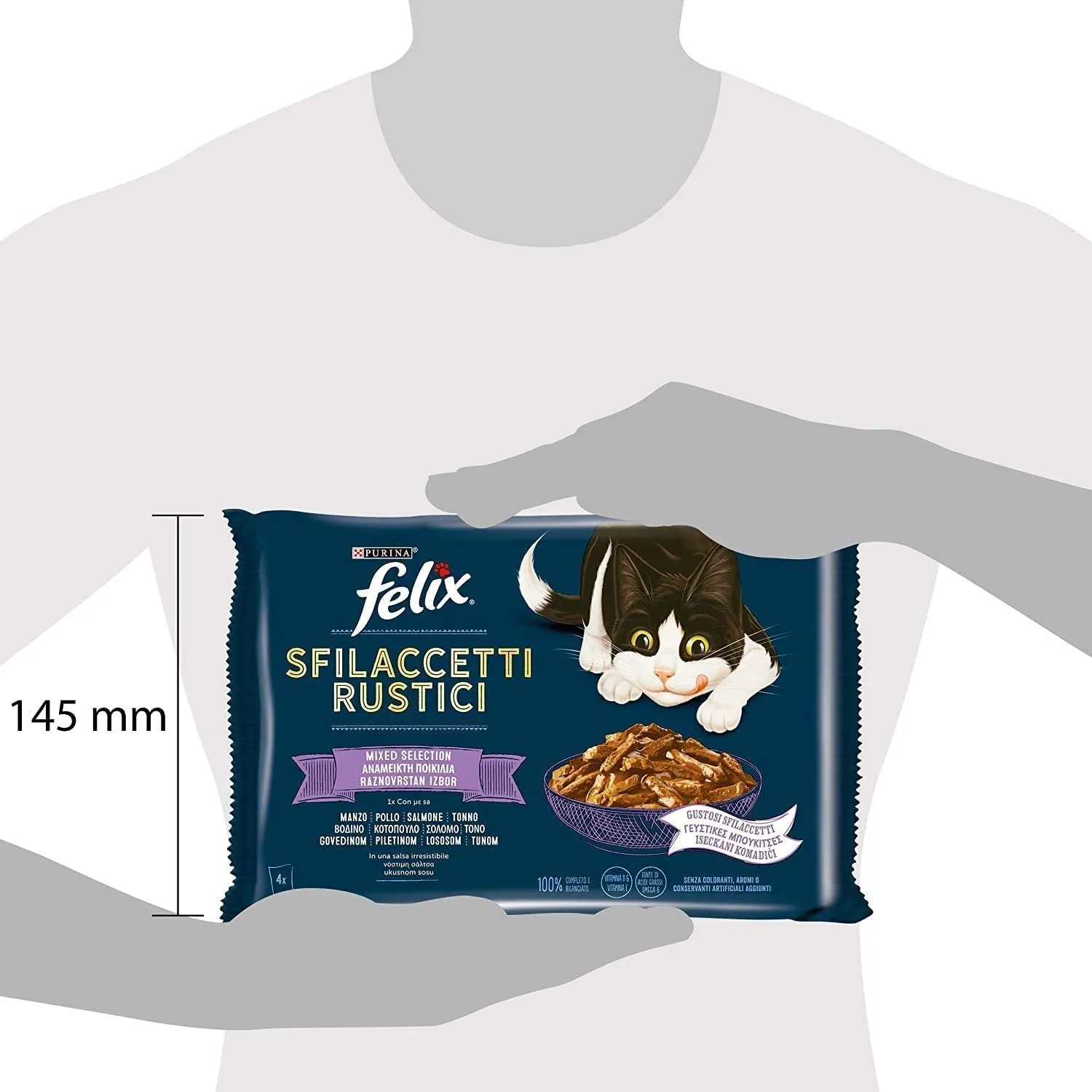 Felix Sfilaccetti Rustici Cibo Umido per Gatti Adulti, Manzo, Pollo, Tonno e Salmone, 48 Bustine da 85 g - immagine 3