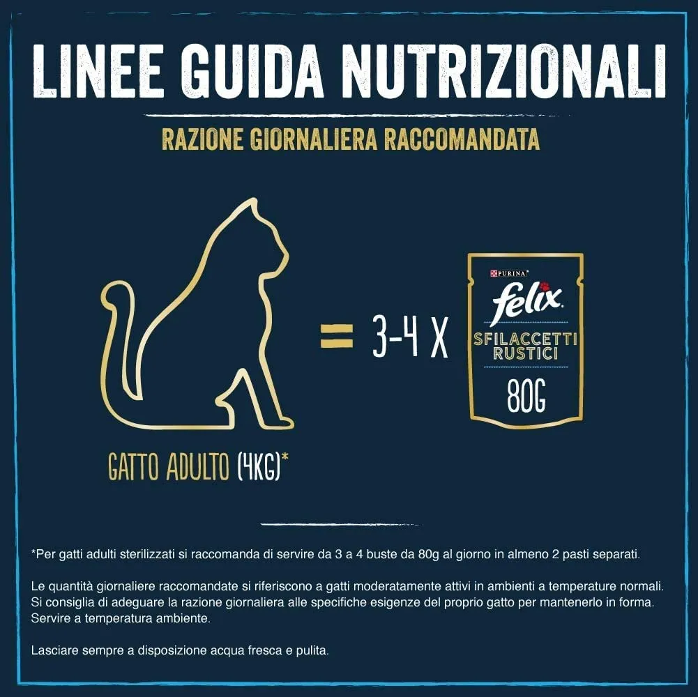 Felix Sfilaccetti Rustici Cibo Umido per Gatti Adulti, Manzo, Pollo, Tonno e Salmone, 48 Bustine da 85 g - immagine 7