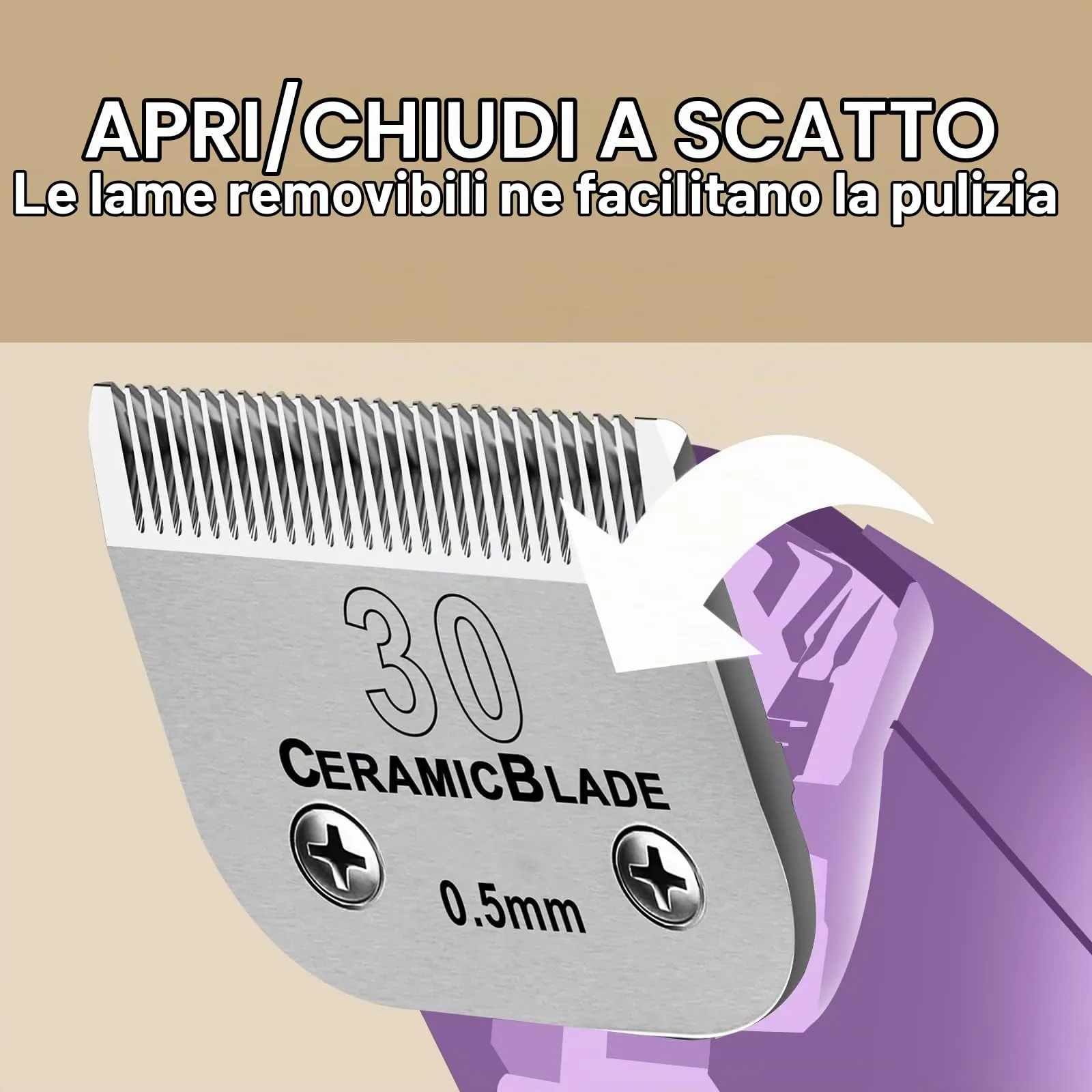AUDOC Lame in Ceramica Rimovibili per Tosatrice per Cani, Compatibili con Andis, Oster A5, Wahl serie KM, Lunghezza di Taglio 0,5 mm (30#) - immagine 2