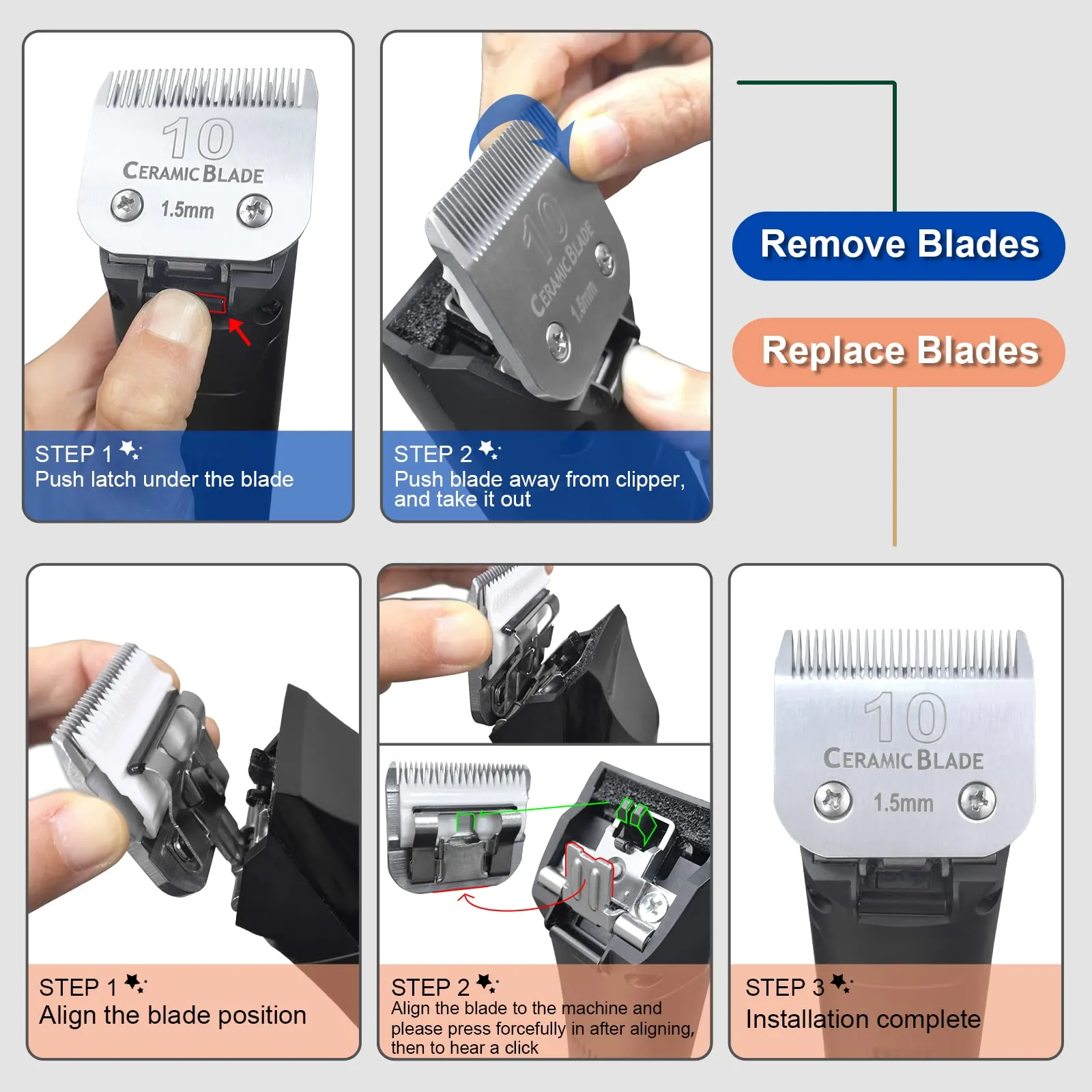 AUDOC Lame in Ceramica Rimovibili per Tosatrice per Cani, Compatibili con Andis, Oster A5, Wahl serie KM, Lunghezza di Taglio 0,5 mm (30#) - immagine 4