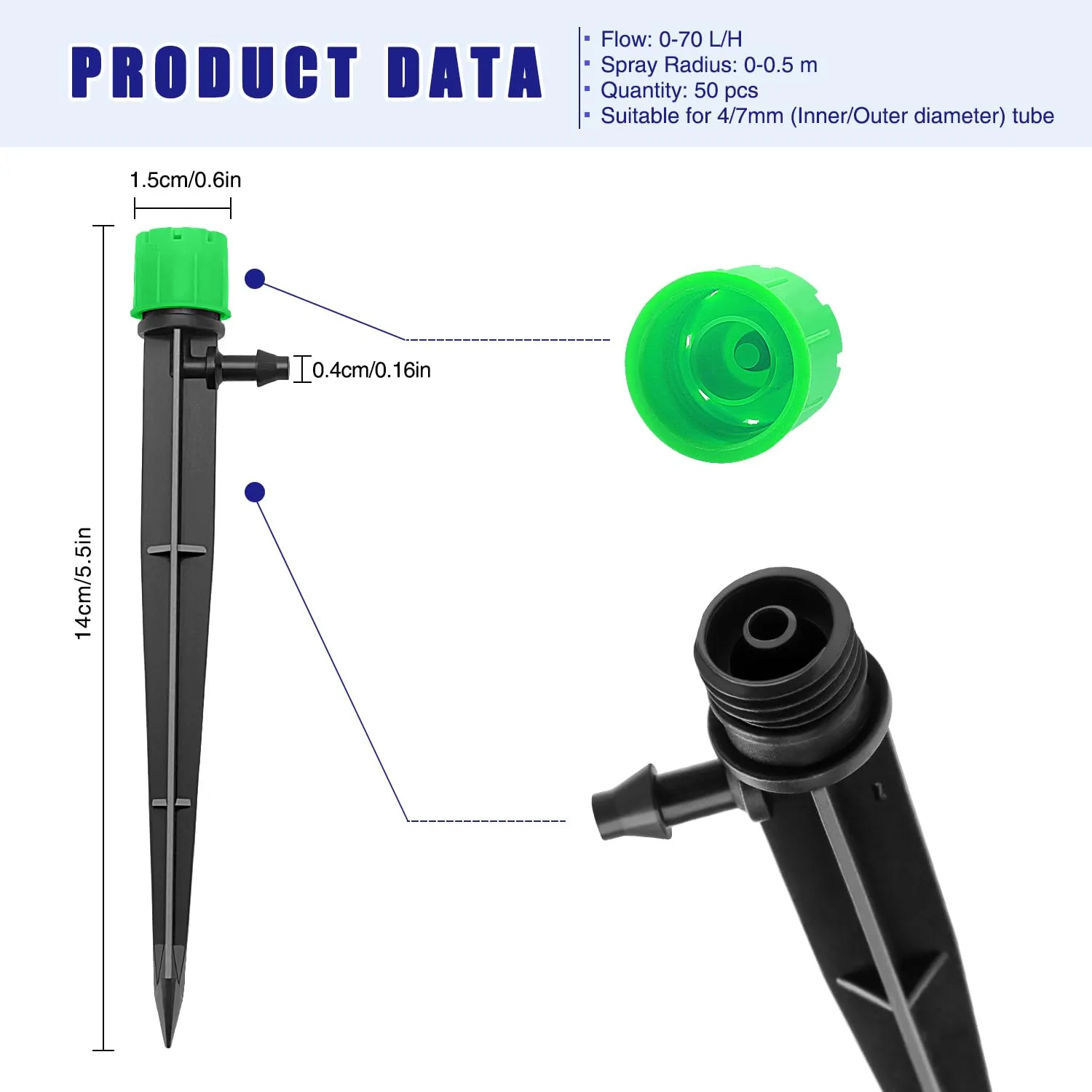 VooGenzek Gocciolatori per Irrigazione Regolabili a 360 Gradi con 8 Fori, Connettore e Staffa per Tubo 4/7 mm, 50 Pezzi, Verde - immagine 2