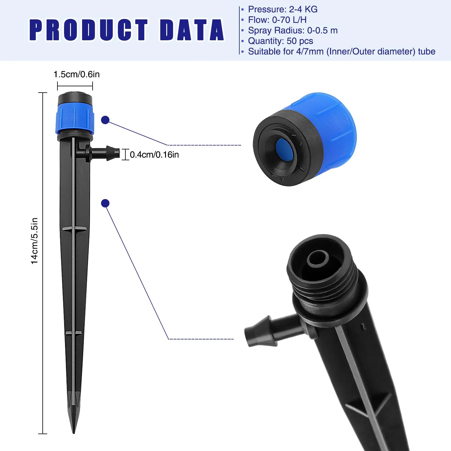 VooGenzek Gocciolatori per Irrigazione Regolabili a 360 Gradi con Connettore e Staffa per Tubo 4/7 mm, 50 Pezzi, Blu - immagine 2