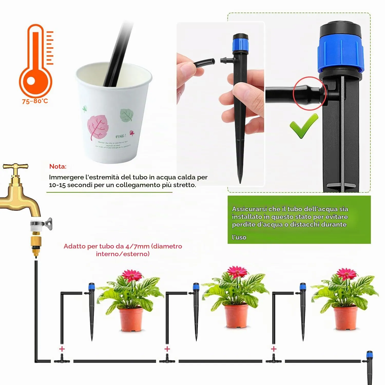 VooGenzek Gocciolatori per Irrigazione Regolabili a 360 Gradi con Connettore e Staffa per Tubo 4/7 mm, 50 Pezzi, Blu - immagine 4