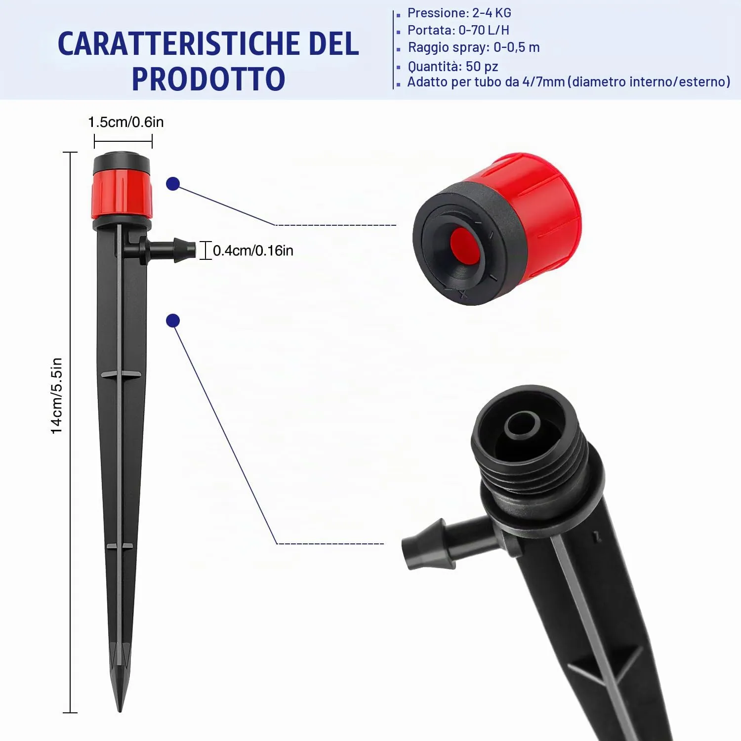 VooGenzek Gocciolatori di Irrigazione Regolabili 360 Gradi con Connettore e Staffa per Tubo 4/7 mm, 50 Pezzi, Rosso - immagine 2