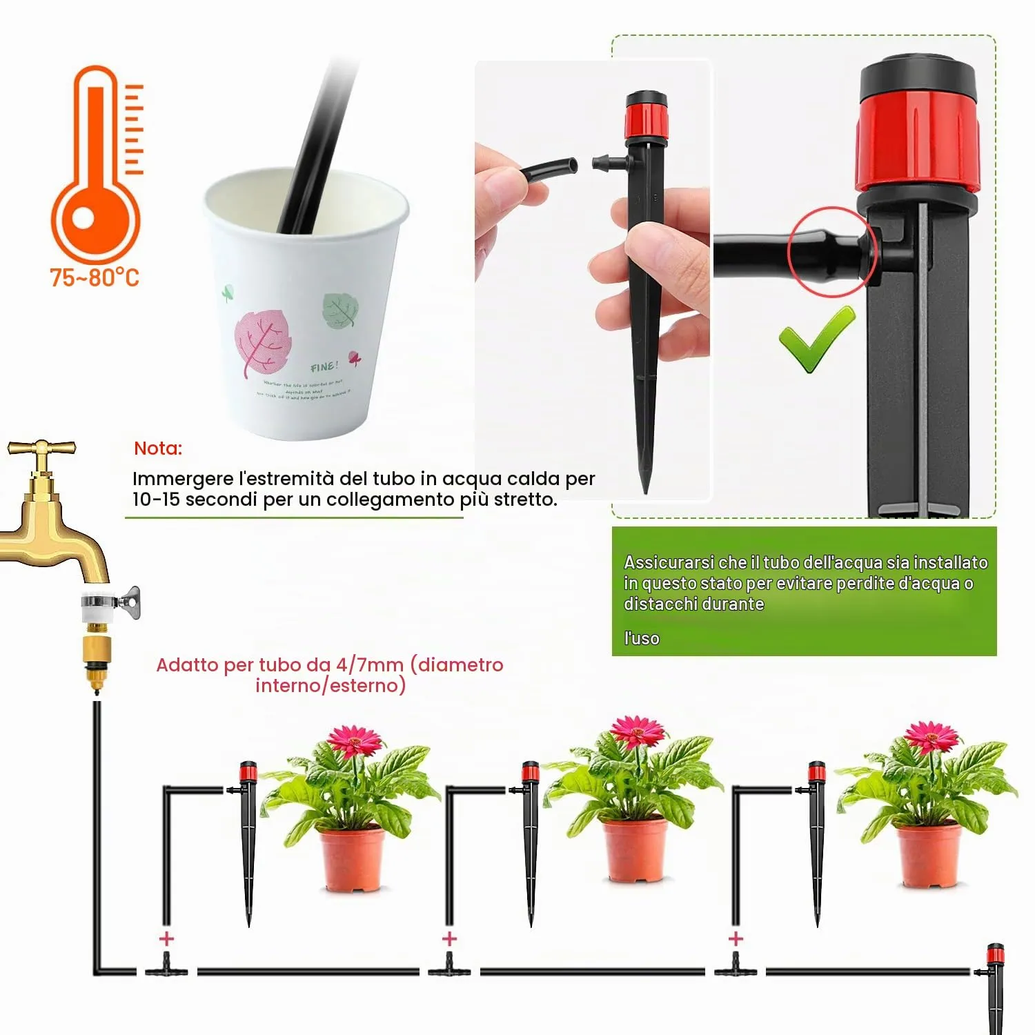 VooGenzek Gocciolatori di Irrigazione Regolabili 360 Gradi con Connettore e Staffa per Tubo 4/7 mm, 50 Pezzi, Rosso - immagine 4
