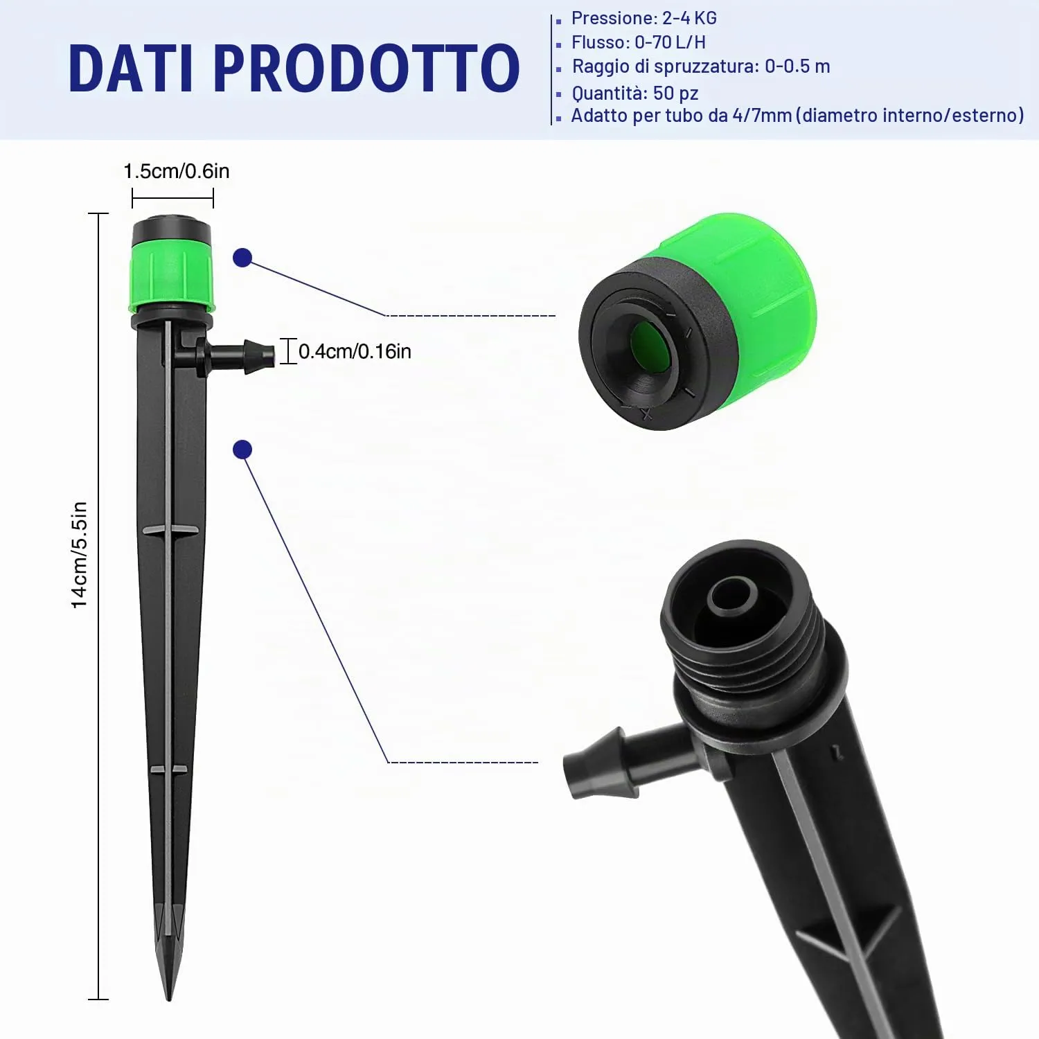 VooGenzek Gocciolatori per Irrigazione Regolabili 360 Gradi con Connettore e Staffa per Tubo 4/7 mm, 50 Pezzi, Verde - immagine 2