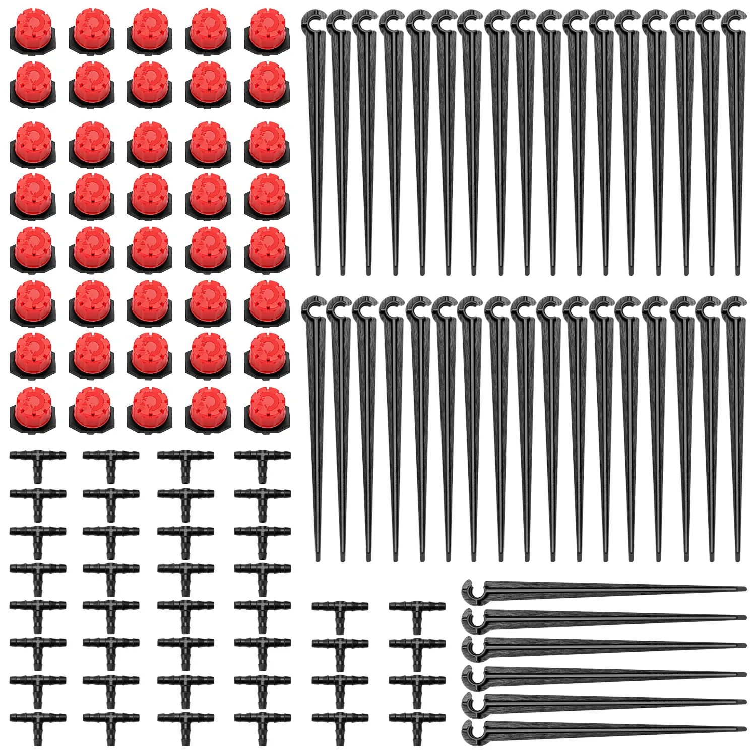 VooGenzek Kit Irrigazione Goccia Automatico 120 Pezzi, 40 Gocciolatori Regolabili, 40 Connettori a T e 40 Staffe per Tubo 4/7mm, Rosso - immagine 1