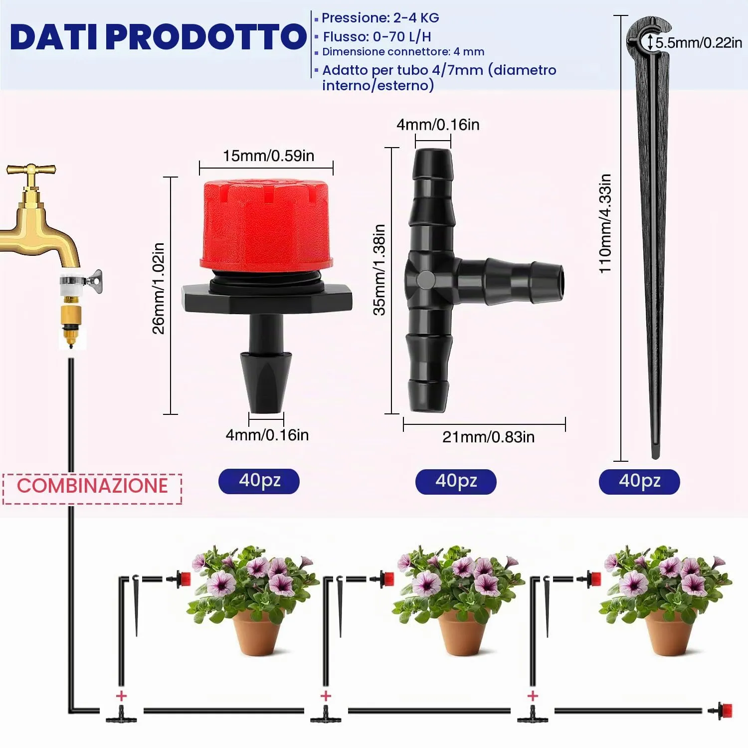 VooGenzek Kit Irrigazione Goccia Automatico 120 Pezzi, 40 Gocciolatori Regolabili, 40 Connettori a T e 40 Staffe per Tubo 4/7mm, Rosso - immagine 2