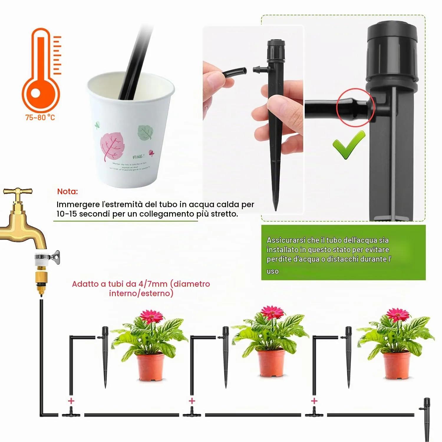 VooGenzek Gocciolatori per Irrigazione Regolabili a 360 Gradi con Connettore e Staffa per Tubo 4/7 mm, Nero, 50 Pezzi - immagine 4