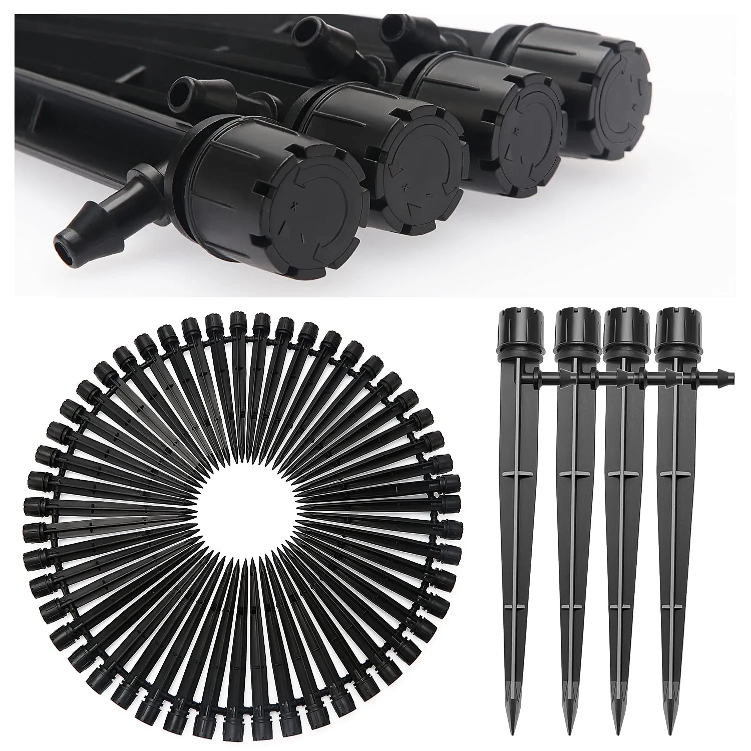 VooGenzek Gocciolatori di Irrigazione Regolabili a 360 Gradi, 8 Fori con Connettore e Staffa per Tubo 4/7 mm, Nero, 50 Pezzi - immagine 1