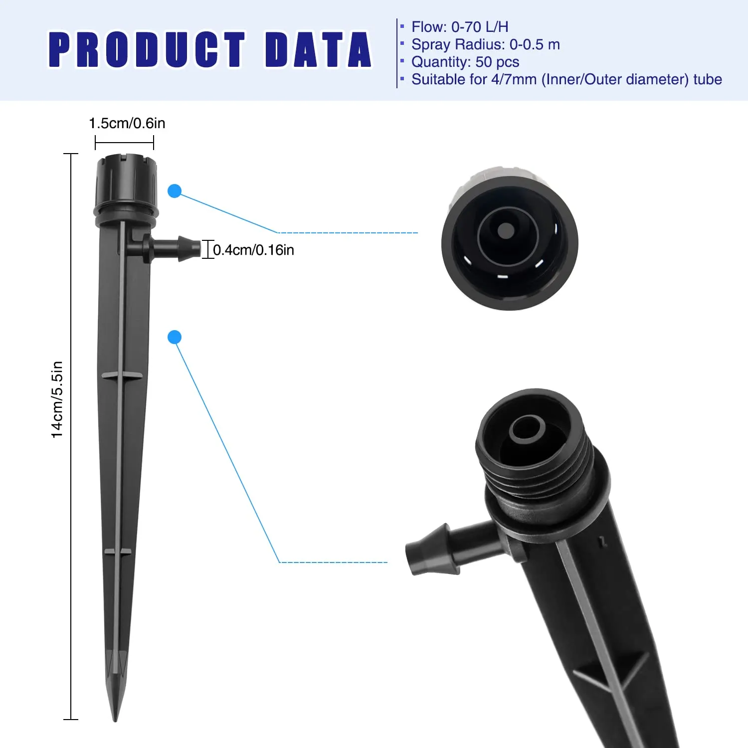 VooGenzek Gocciolatori di Irrigazione Regolabili a 360 Gradi, 8 Fori con Connettore e Staffa per Tubo 4/7 mm, Nero, 50 Pezzi - immagine 2