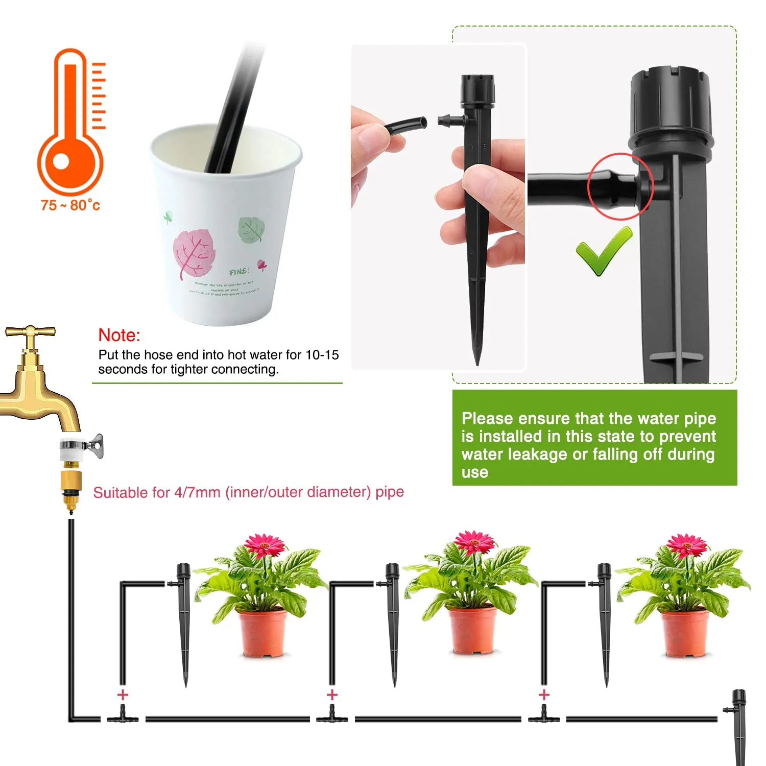 VooGenzek Gocciolatori di Irrigazione Regolabili a 360 Gradi, 8 Fori con Connettore e Staffa per Tubo 4/7 mm, Nero, 50 Pezzi - immagine 4