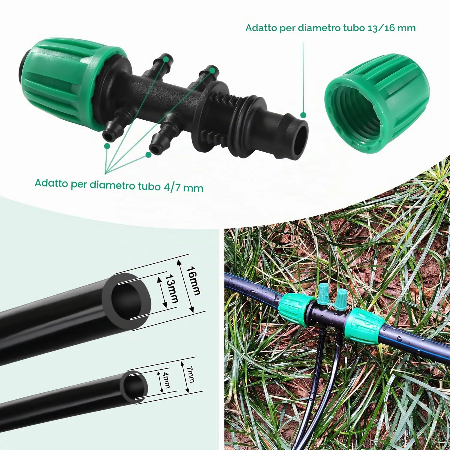 VooGenzek Kit di Raccordi per Irrigazione 22 Pezzi per Tubi 13/16 mm a 4/7 mm, Verde - immagine 4