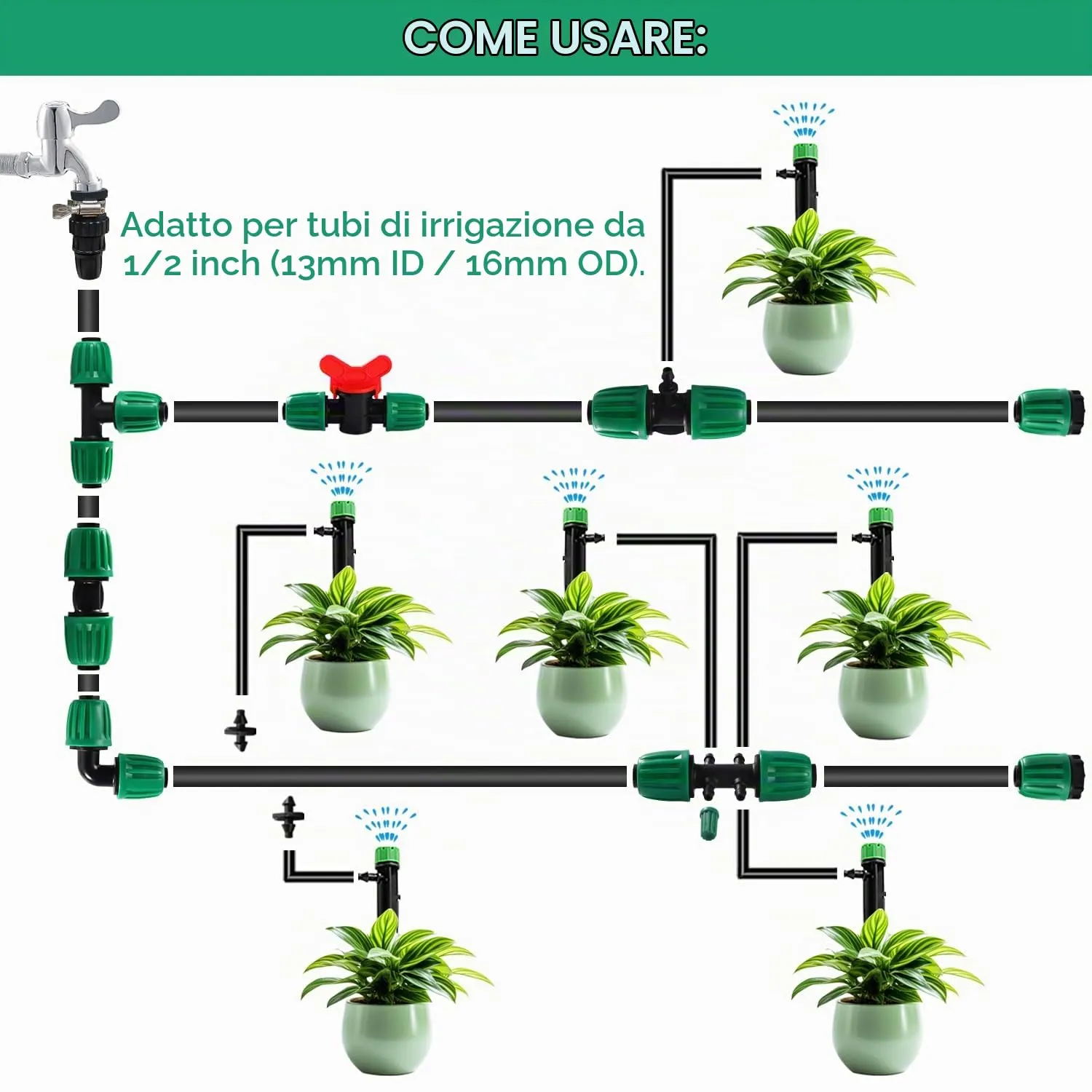 VooGenzek Kit di Raccordi per Irrigazione 22 Pezzi per Tubi 13/16 mm a 4/7 mm, Verde - immagine 5