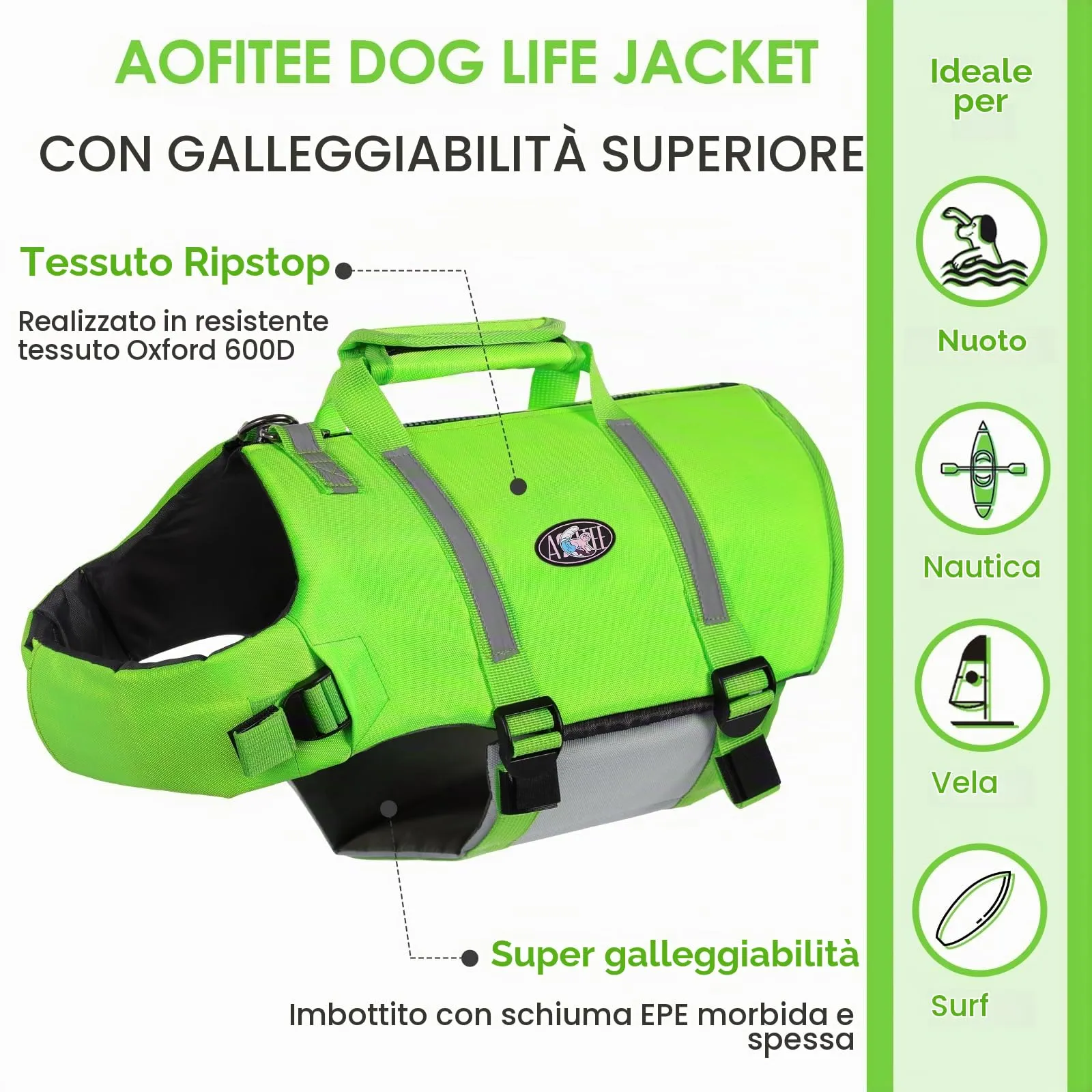 AOFITEE Giubbotto Salvagente per Cani - Verde Fluo, L - immagine 6