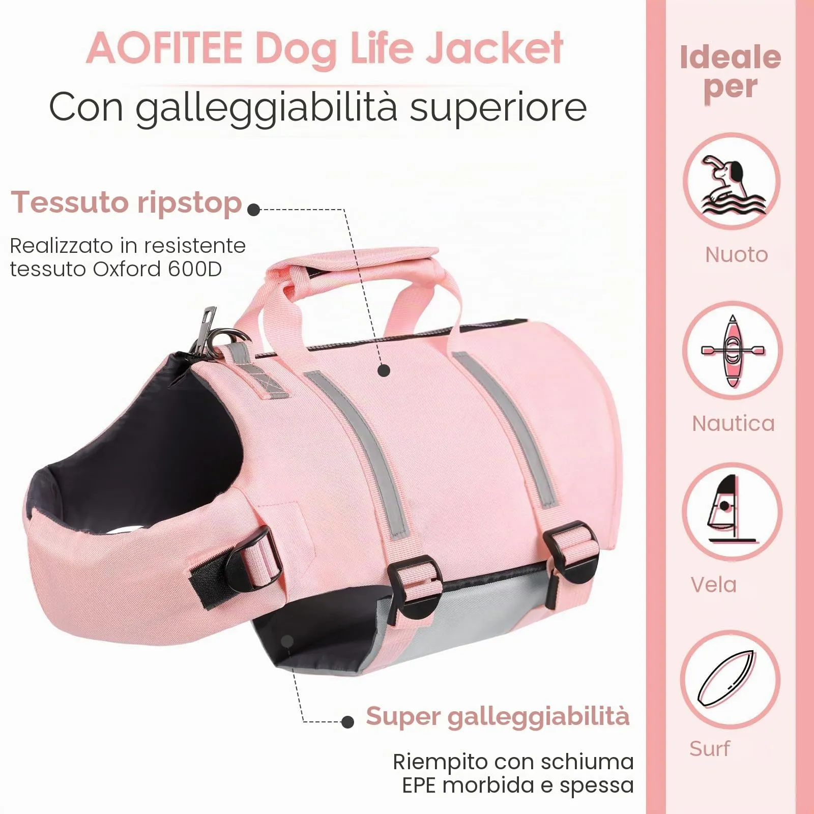 AOFITEE Giubbotto Salvagente per Cani, Rosa, Taglia L - immagine 3