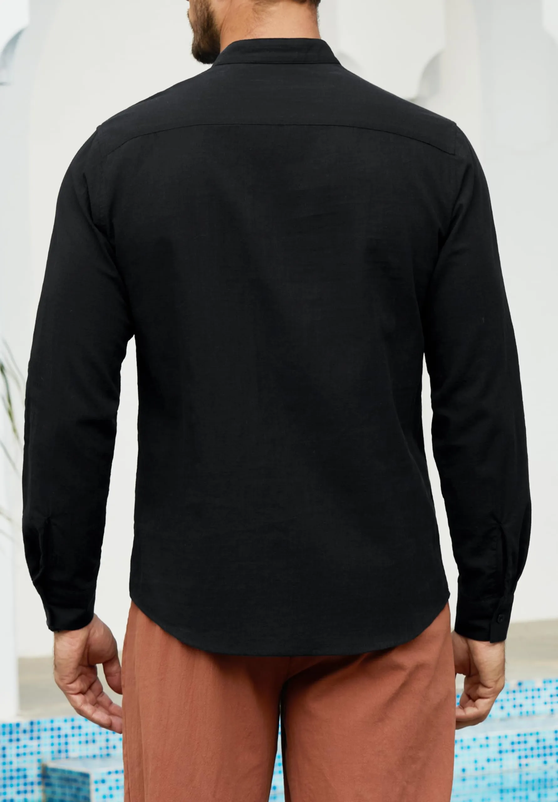 Enlision Camicia in Lino e Cotone da Uomo Maniche Lunghe Scollo a V Stile Medievale Nero L - immagine 3