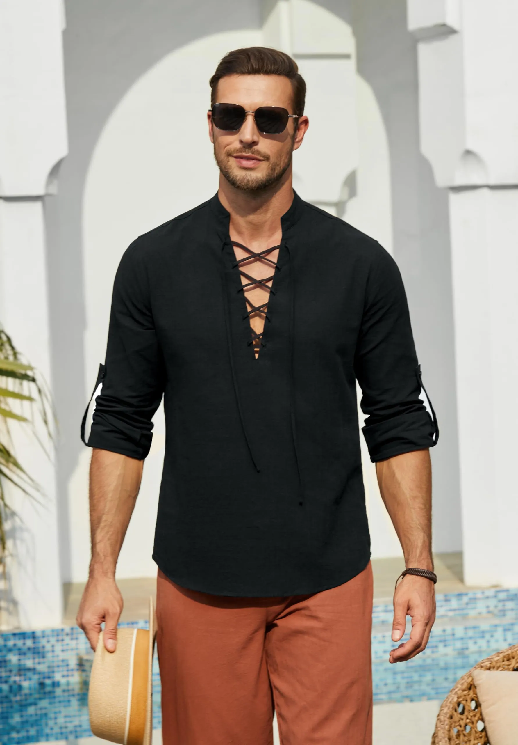 Enlision Camicia in Lino e Cotone da Uomo Maniche Lunghe Scollo a V Stile Medievale Nero L - immagine 7