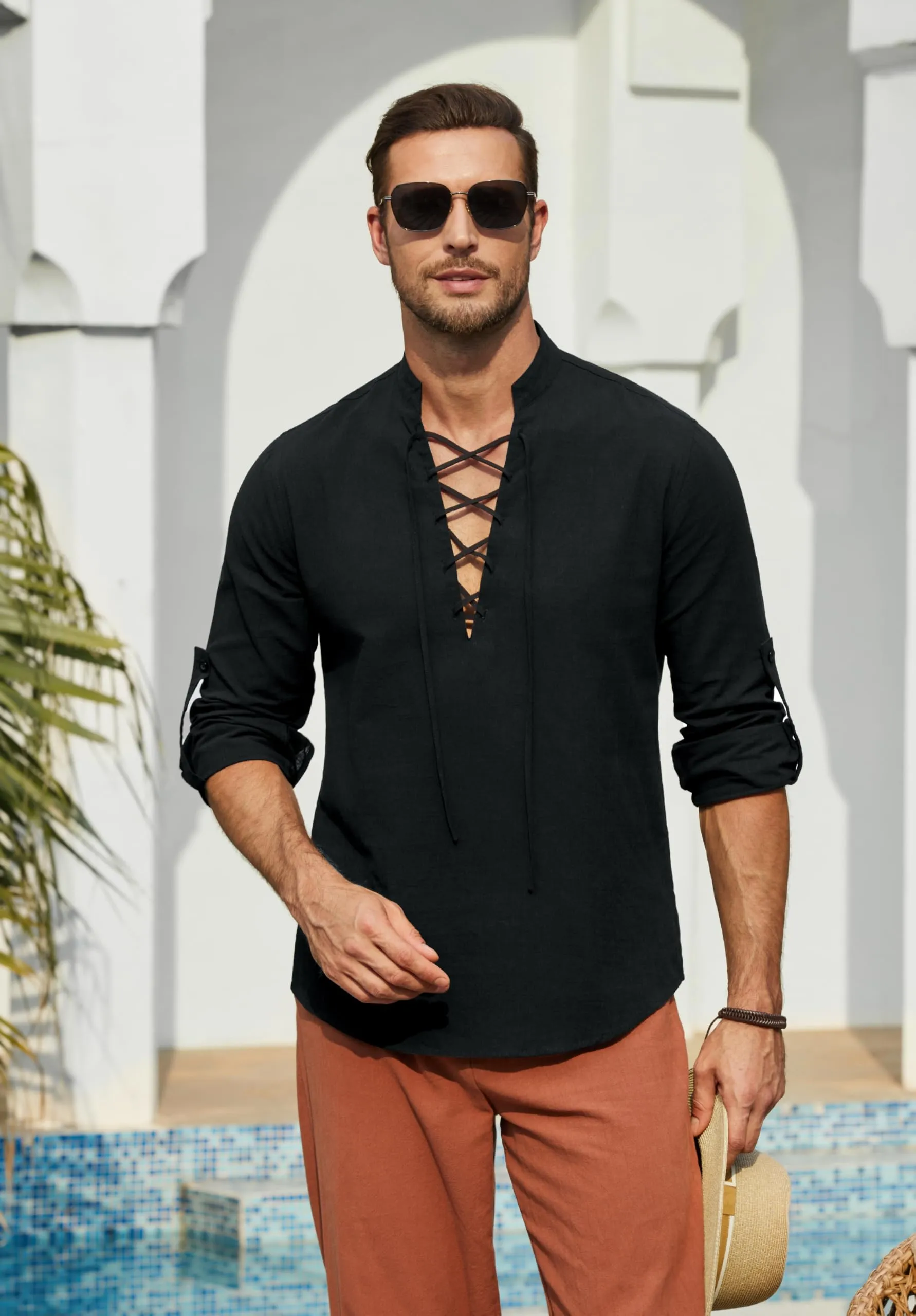 Enlision Camicia in Lino e Cotone da Uomo Maniche Lunghe Scollo a V Stile Medievale Nero L - immagine 8