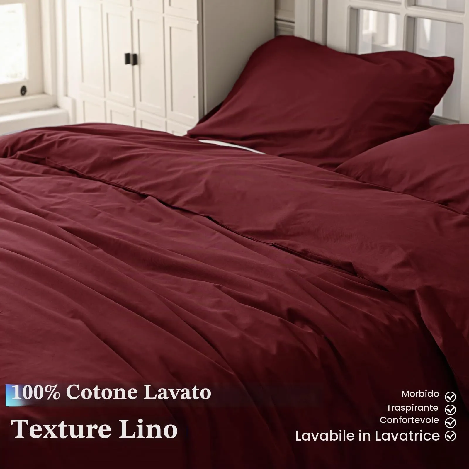 Cotopuro Set Copripiumino Una Piazza e Mezza 100% Cotone 200x200 con 2 Federe 50x80 - Bordeaux - immagine 2