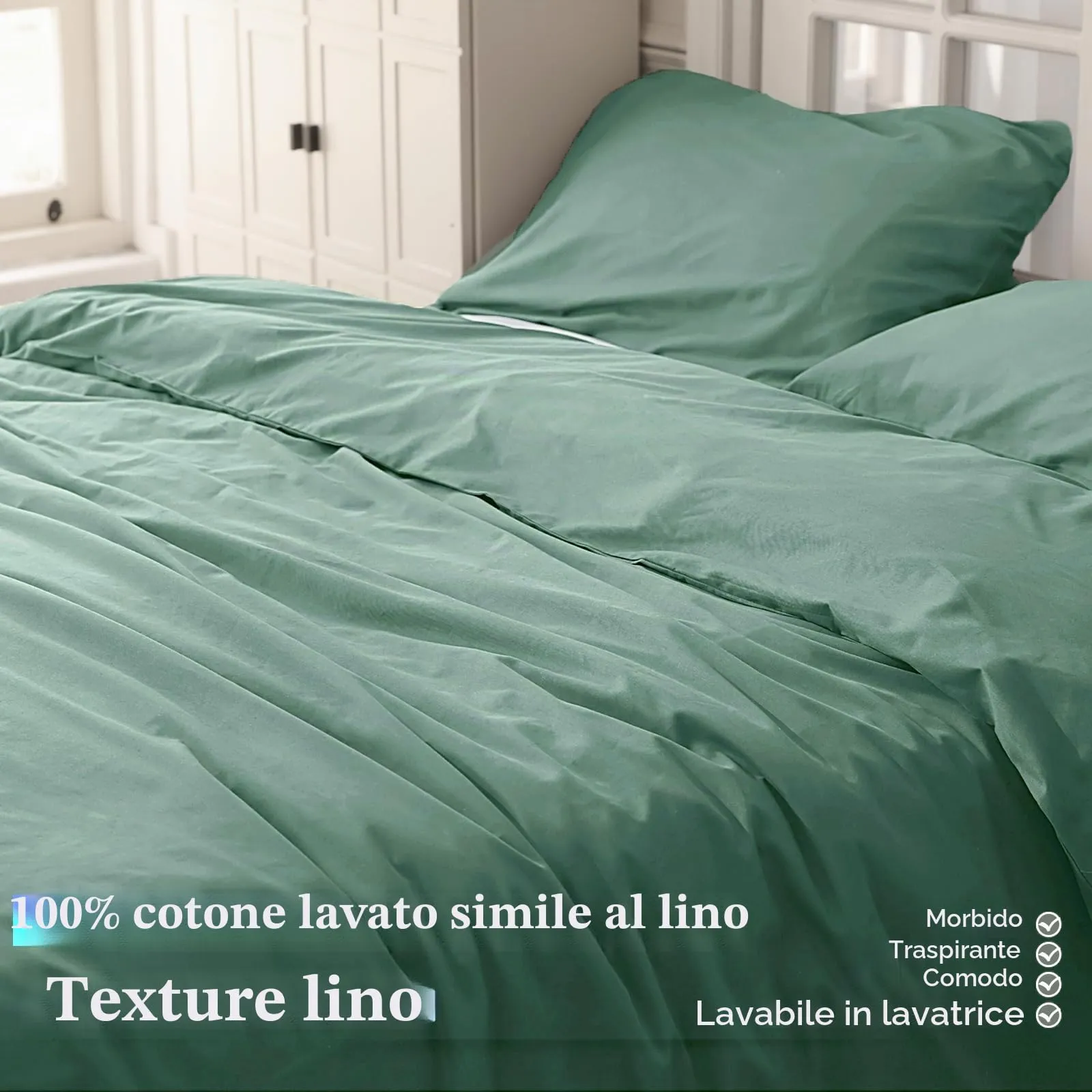 Cotopuro Set Copripiumino Matrimoniale 100% Cotone 260x240 con 2 Federe 50x80, Verde Acqua - immagine 2
