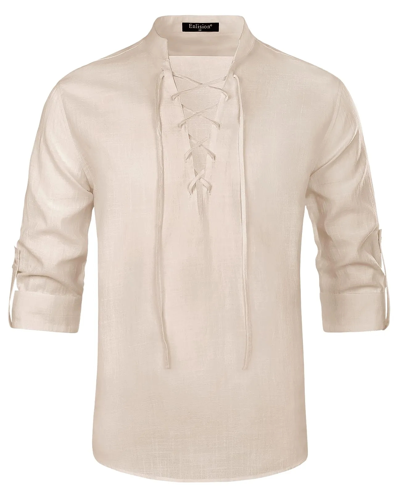 Enlision Camicia di Lino e Cotone da Uomo a Maniche Lunghe Henley Scollo a V Stile Medievale, Cachi, L - immagine 1