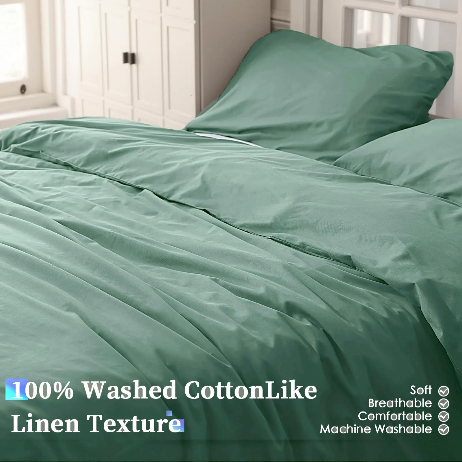 Cotopuro Set Copripiumino in Cotone Una Piazza e Mezza 200x200 con 2 Federe 50x80, Verde Acqua - immagine 2