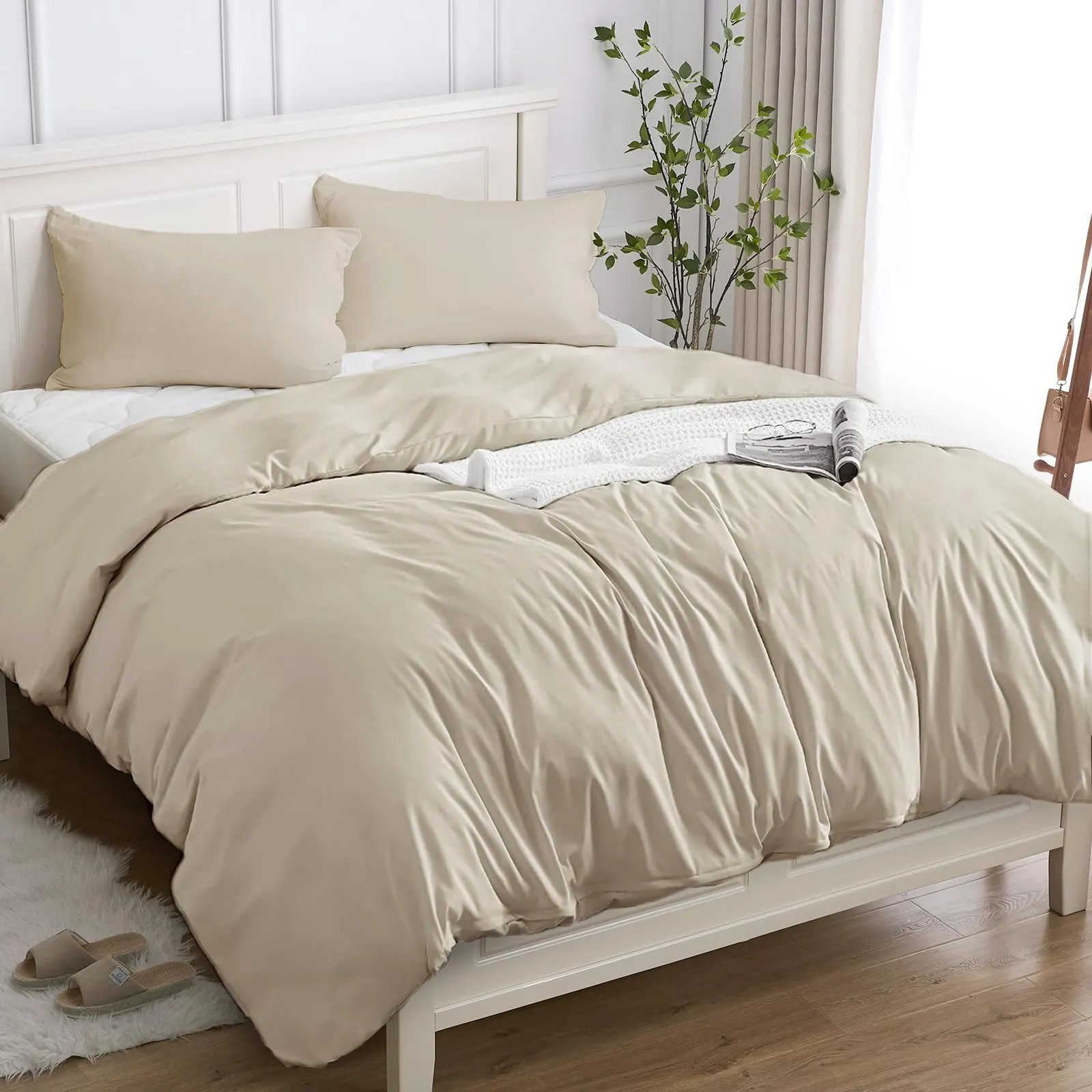 Cotopuro Set Copripiumino Una Piazza e Mezza 100% Cotone 200x200 con 2 Federe 50x80, Beige - immagine 1