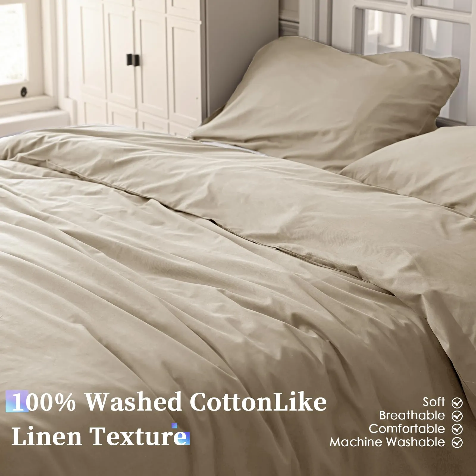 Cotopuro Set Copripiumino Una Piazza e Mezza 100% Cotone 200x200 con 2 Federe 50x80, Beige - immagine 2