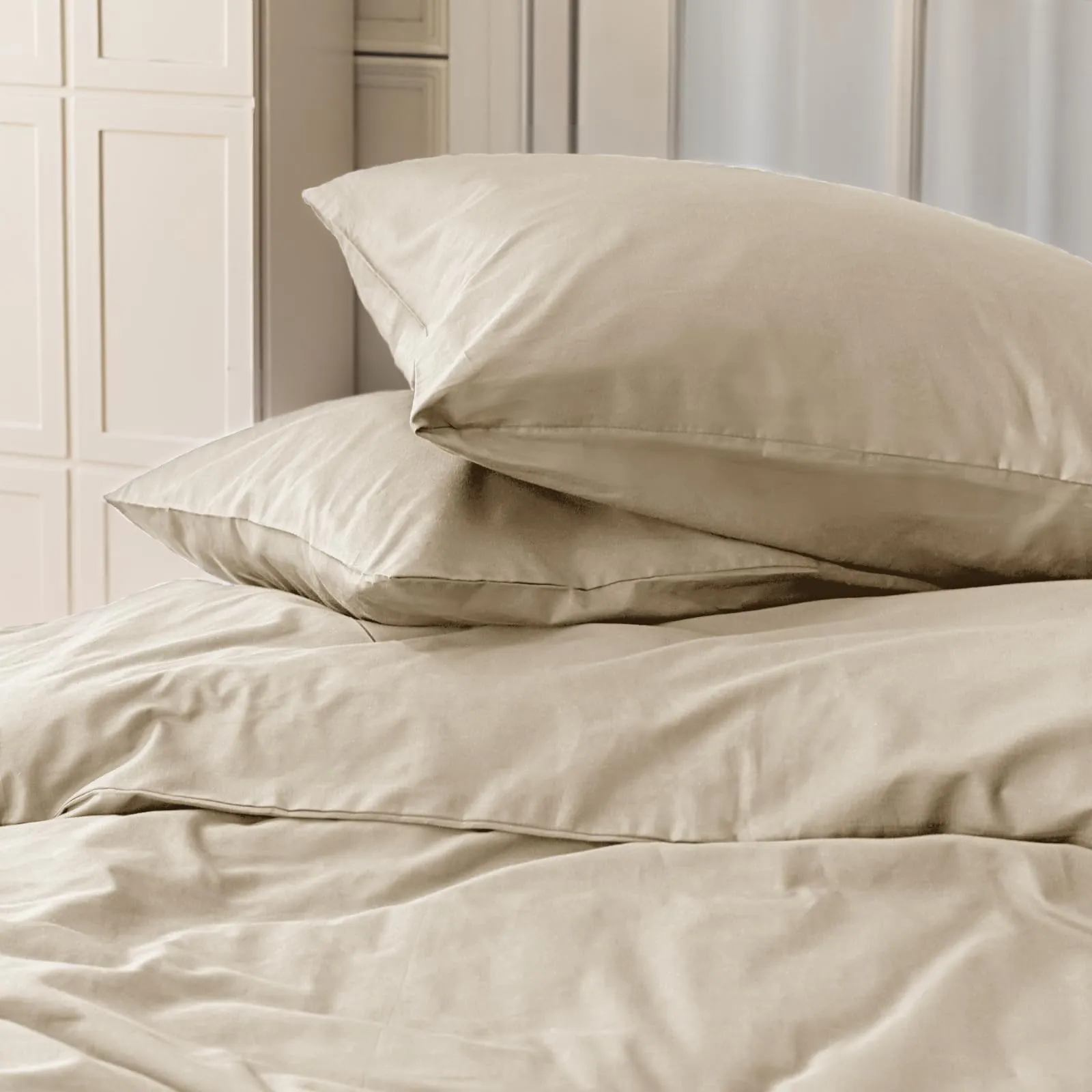 Cotopuro Set Copripiumino Una Piazza e Mezza 100% Cotone 200x200 con 2 Federe 50x80, Beige - immagine 3