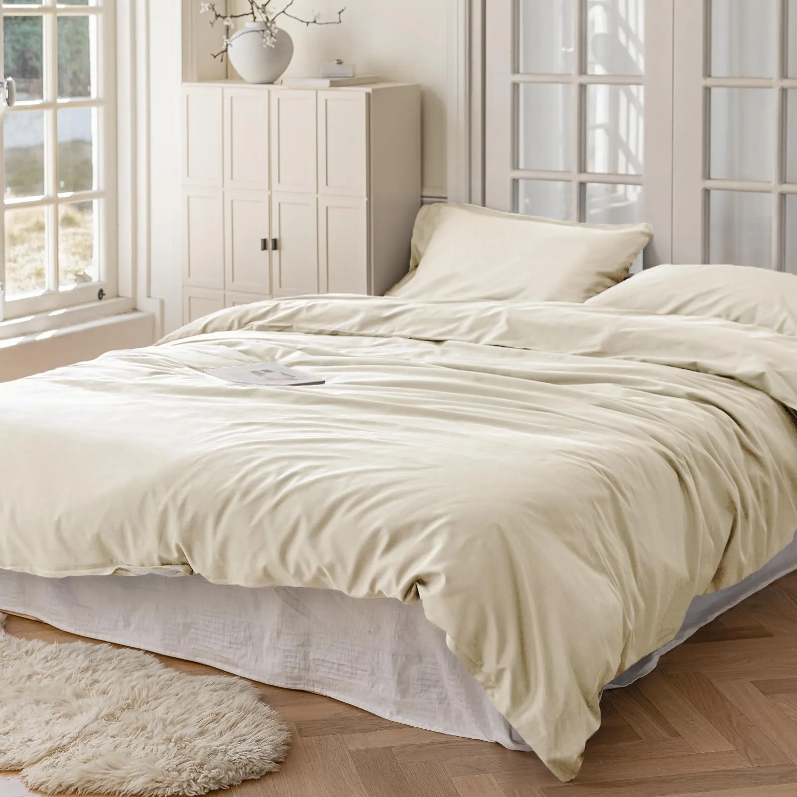 Cotopuro Set Copripiumino Una Piazza e Mezza 100% Cotone 200x200 con 2 Federe 50x80 - Beige Chiaro - immagine 8