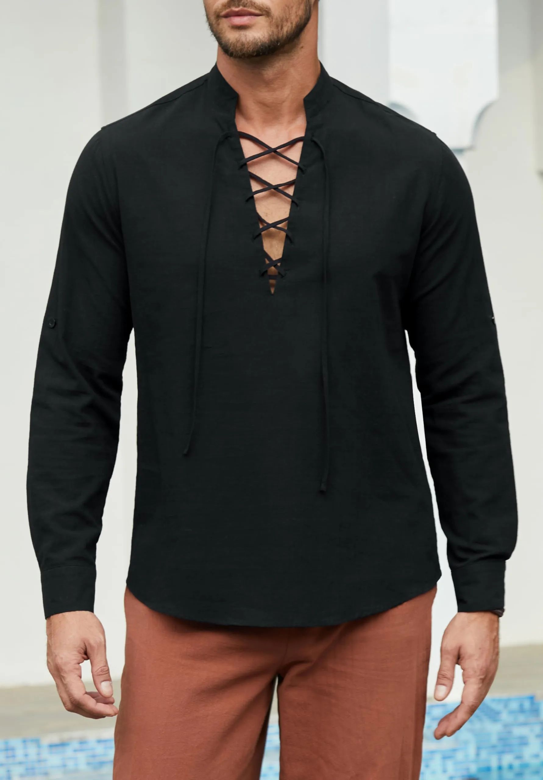 Enlision Camicia da Uomo in Cotone e Lino Stile Medievale Rinascimentale Henley Manica Lunga, Nero, S - immagine 2