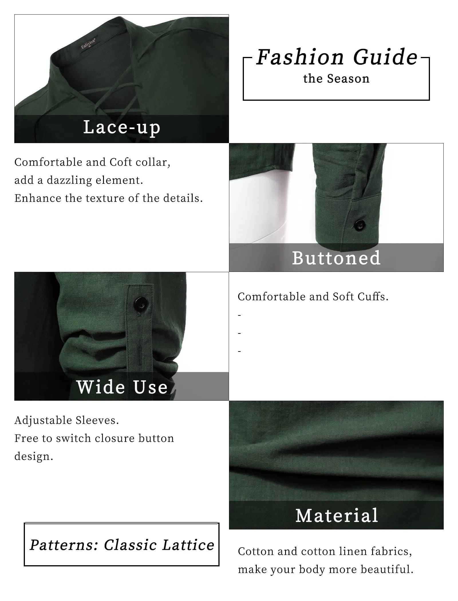 Enlision Camicia da Uomo in Cotone e Lino Stile Pirata Vichingo Medievale con Lacci Army Green 3XL - immagine 5