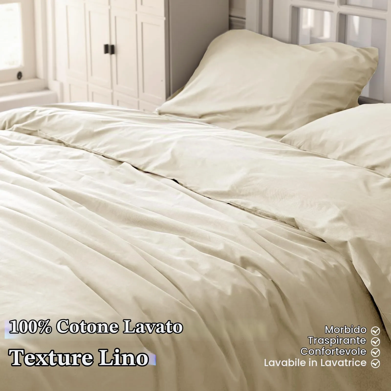 Cotopuro Set Copripiumino Singolo 100% Cotone 155x200 con 1 Federa 50x80, Beige Chiaro - immagine 2