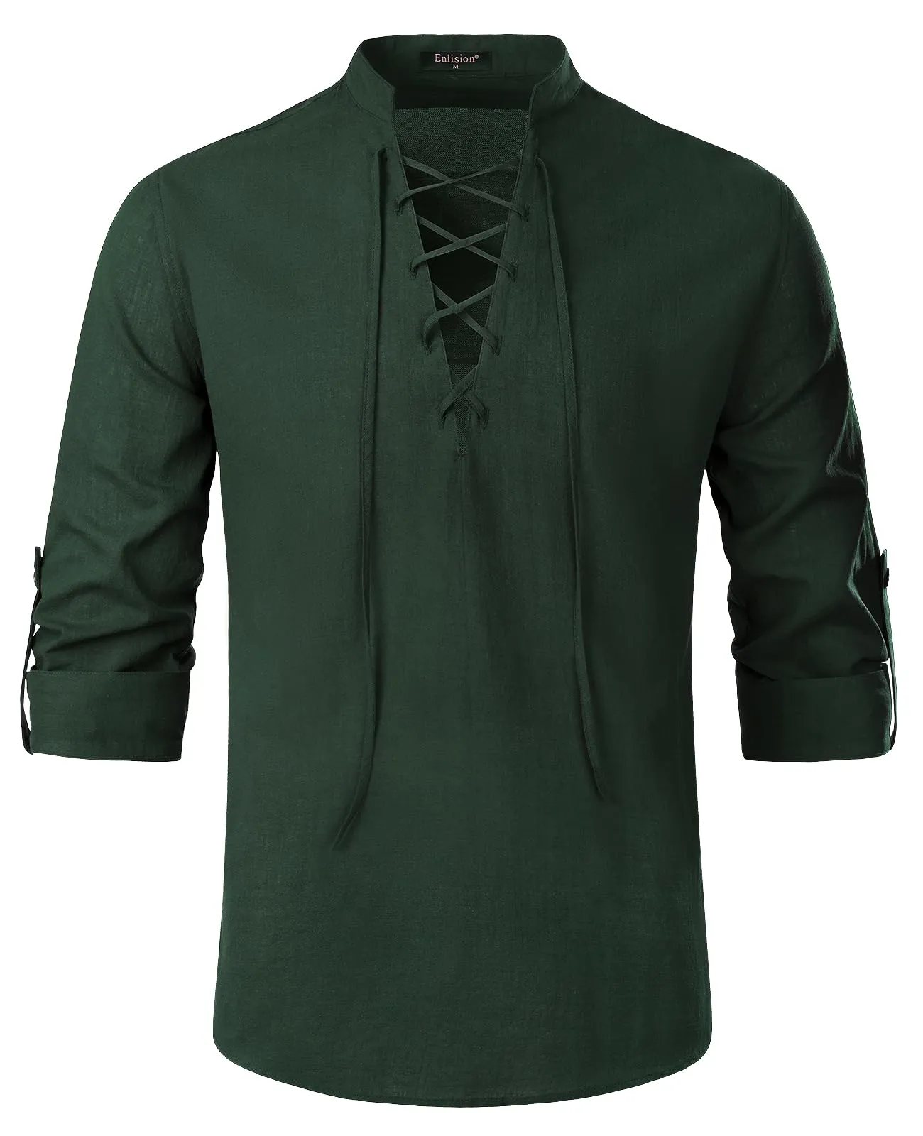 Enlision Camicia da Uomo in Cotone e Lino Medievale con Lacci, Manica Lunga, Army Green, S - immagine 1