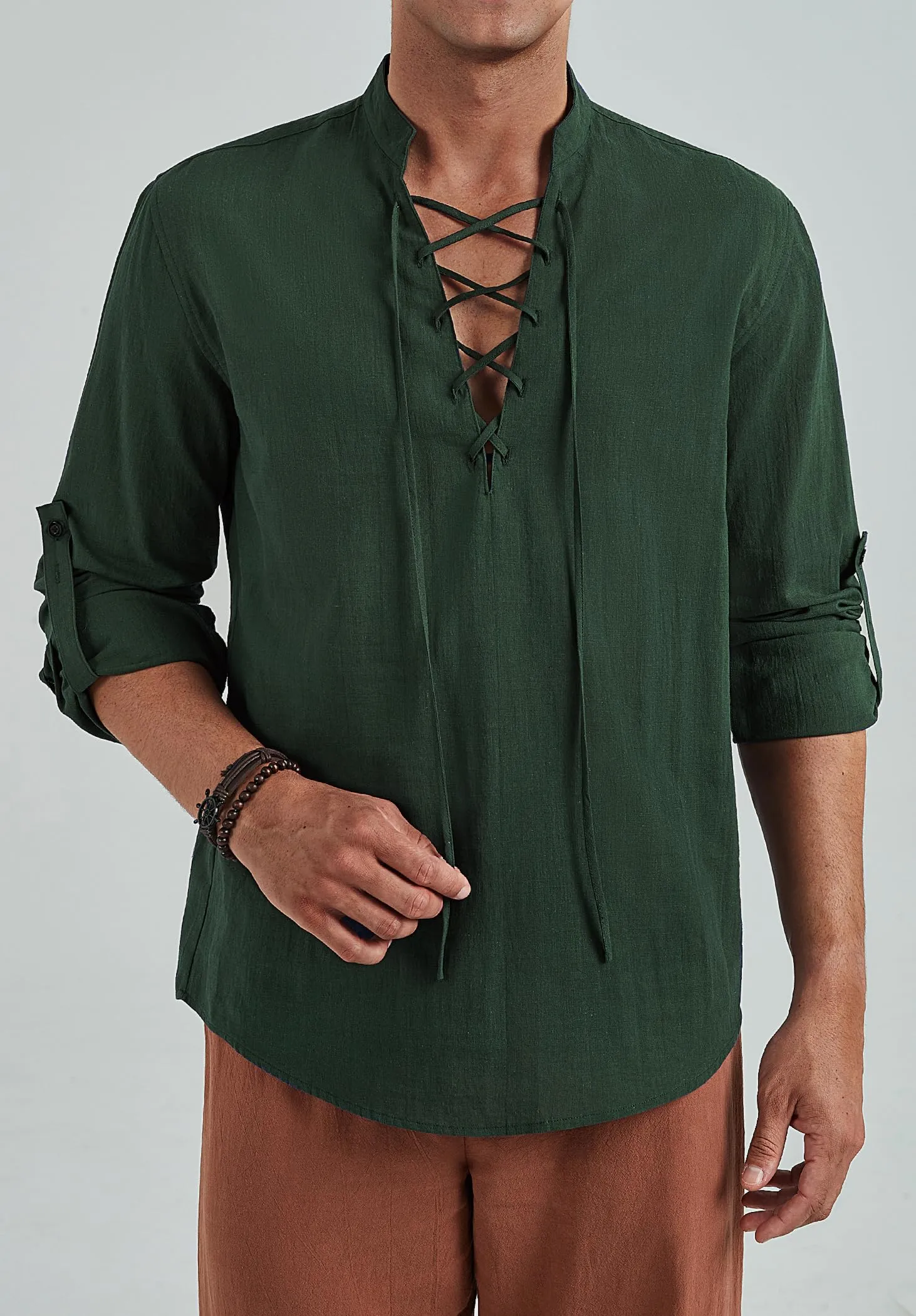 Enlision Camicia da Uomo in Cotone e Lino Medievale con Lacci, Manica Lunga, Army Green, S - immagine 3