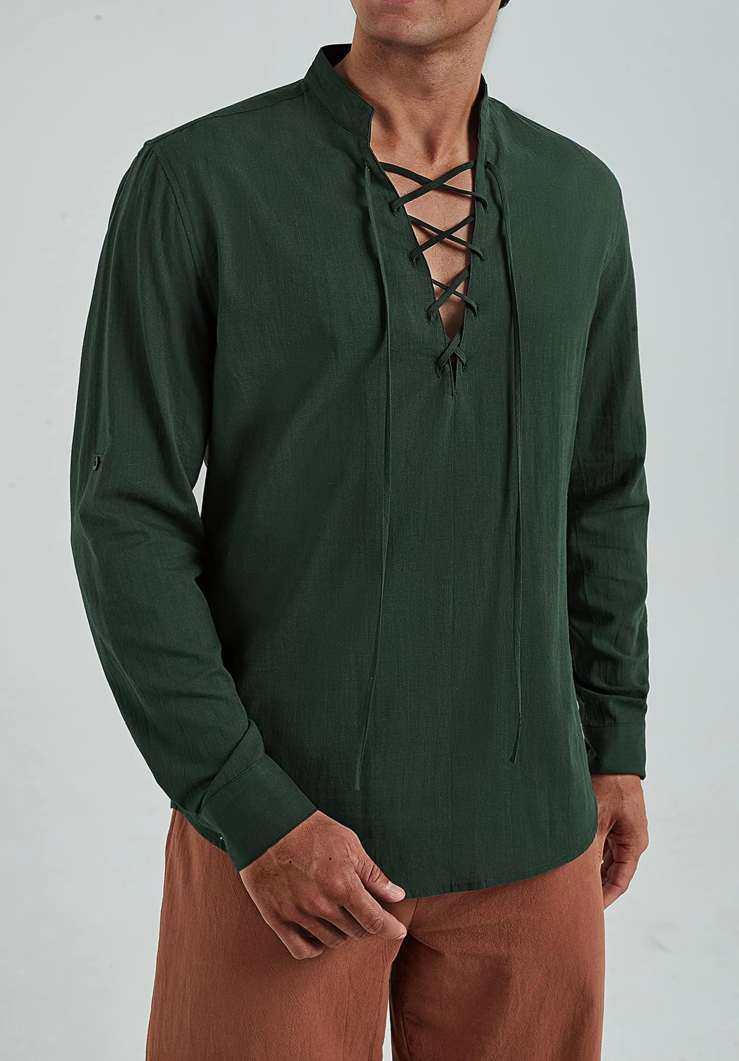 Enlision Camicia da Uomo in Cotone e Lino Medievale con Lacci, Manica Lunga, Army Green, S - immagine 7