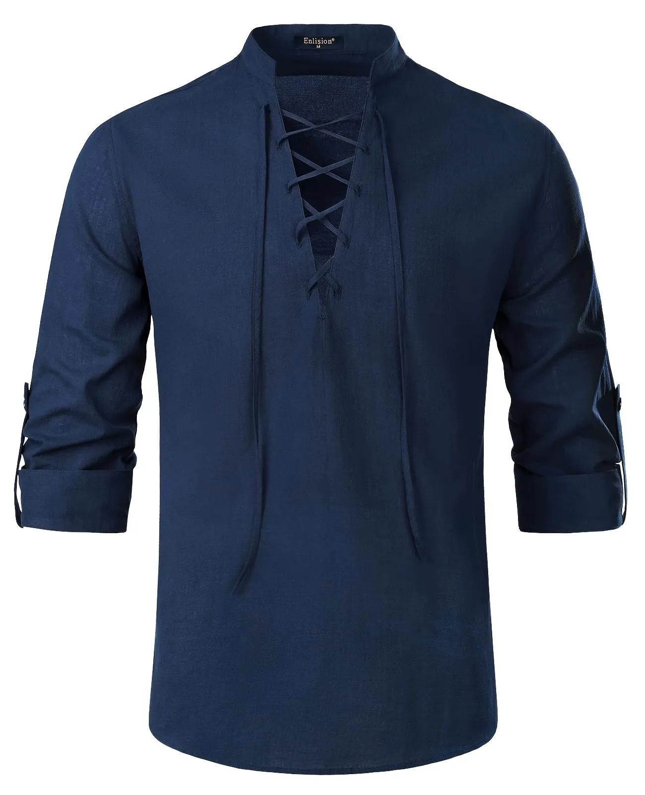 Enlision Camicia da Uomo in Lino e Cotone Retro Medievale con Lacci, Maniche Lunghe, Blu Navy, XL - immagine 1
