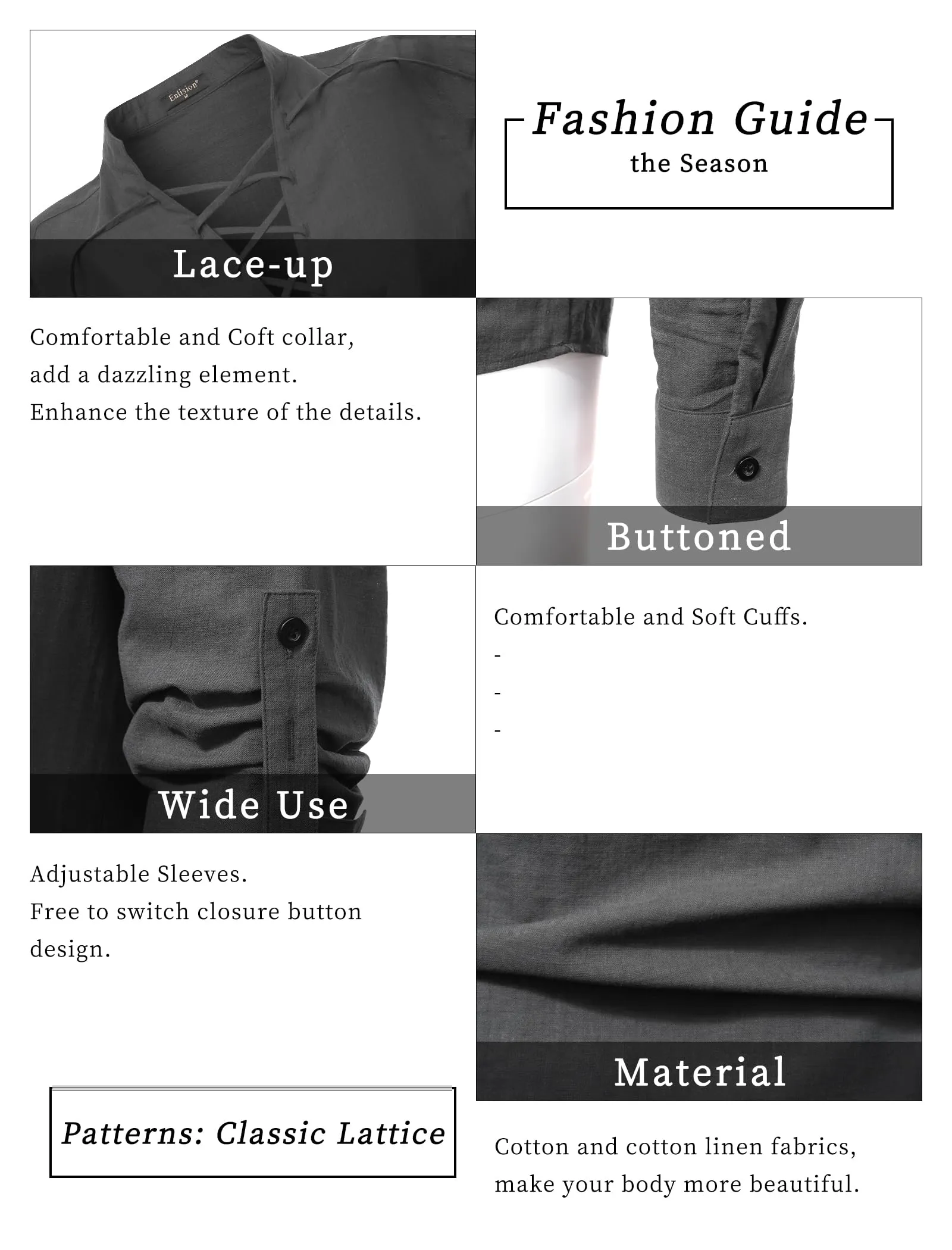 Enlision Camicia da Uomo in Cotone e Lino in Stile Medievale Rinascimentale a Manica Lunga, Grigio, 3XL - immagine 5