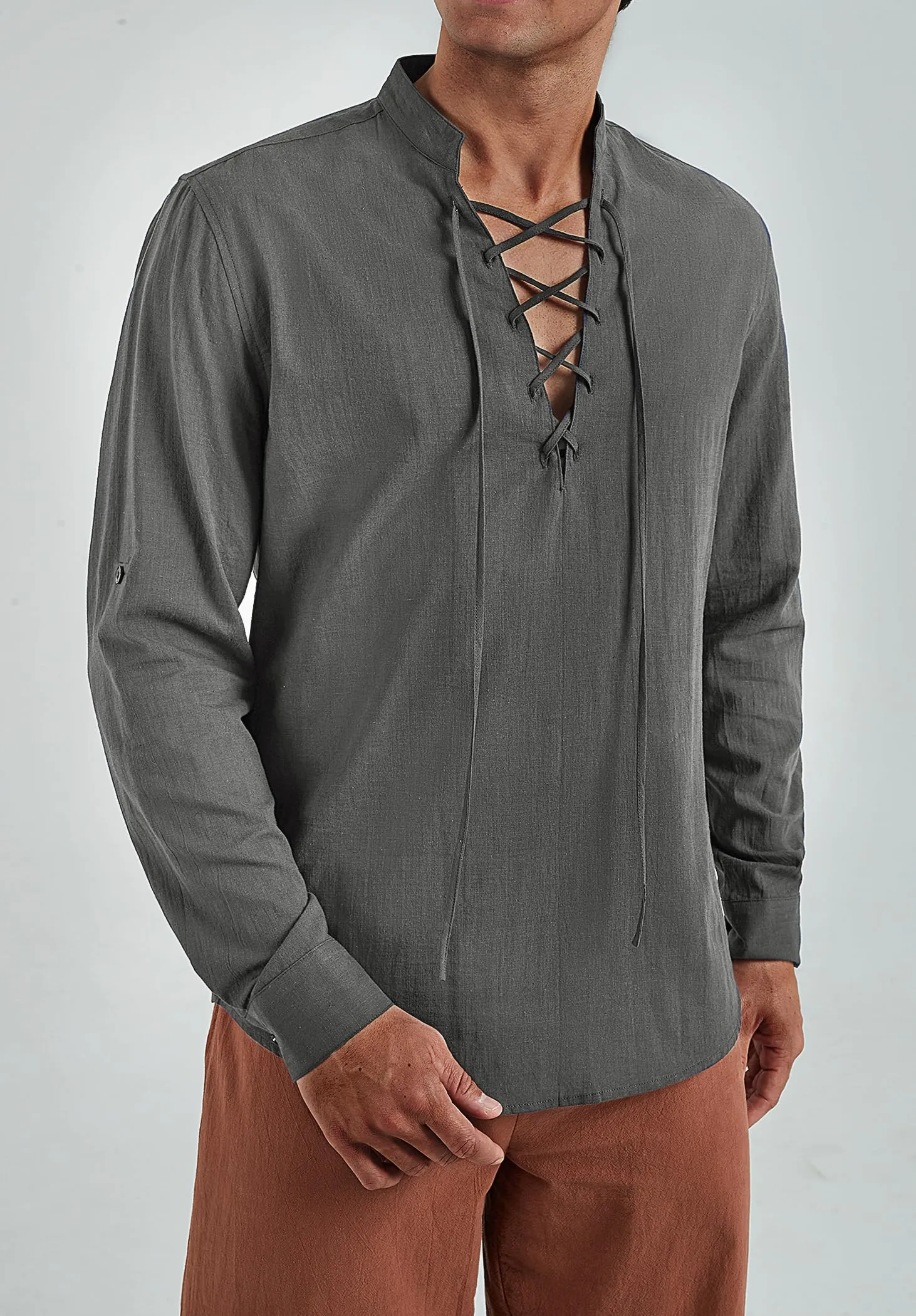 Enlision Camicia da Uomo in Cotone e Lino in Stile Medievale Rinascimentale a Manica Lunga, Grigio, 3XL - immagine 8
