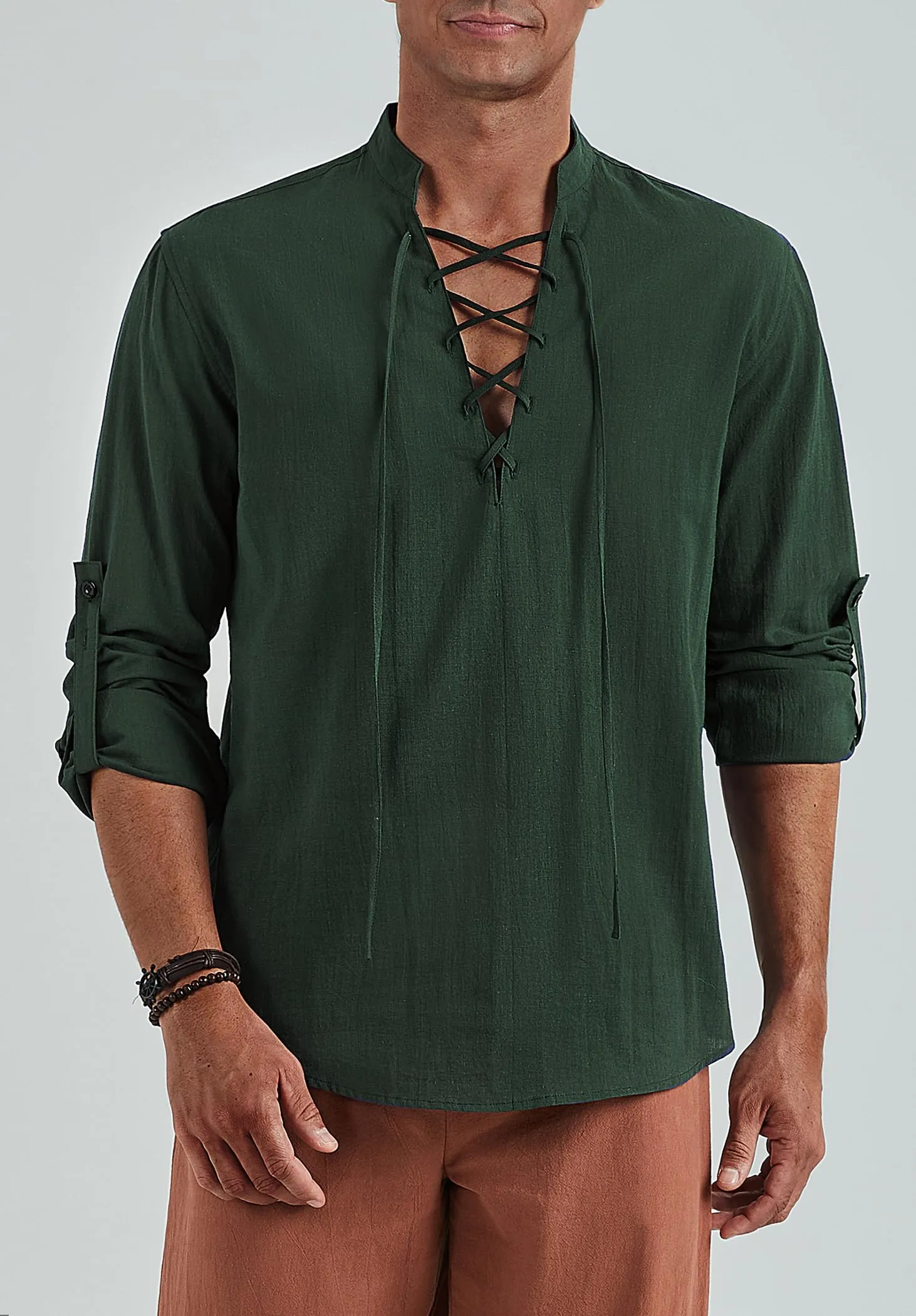 Enlision Camicia in Cotone e Lino per Uomo Stile Giacobita Ghillie Medievale con Lacci Army Green M - immagine 2