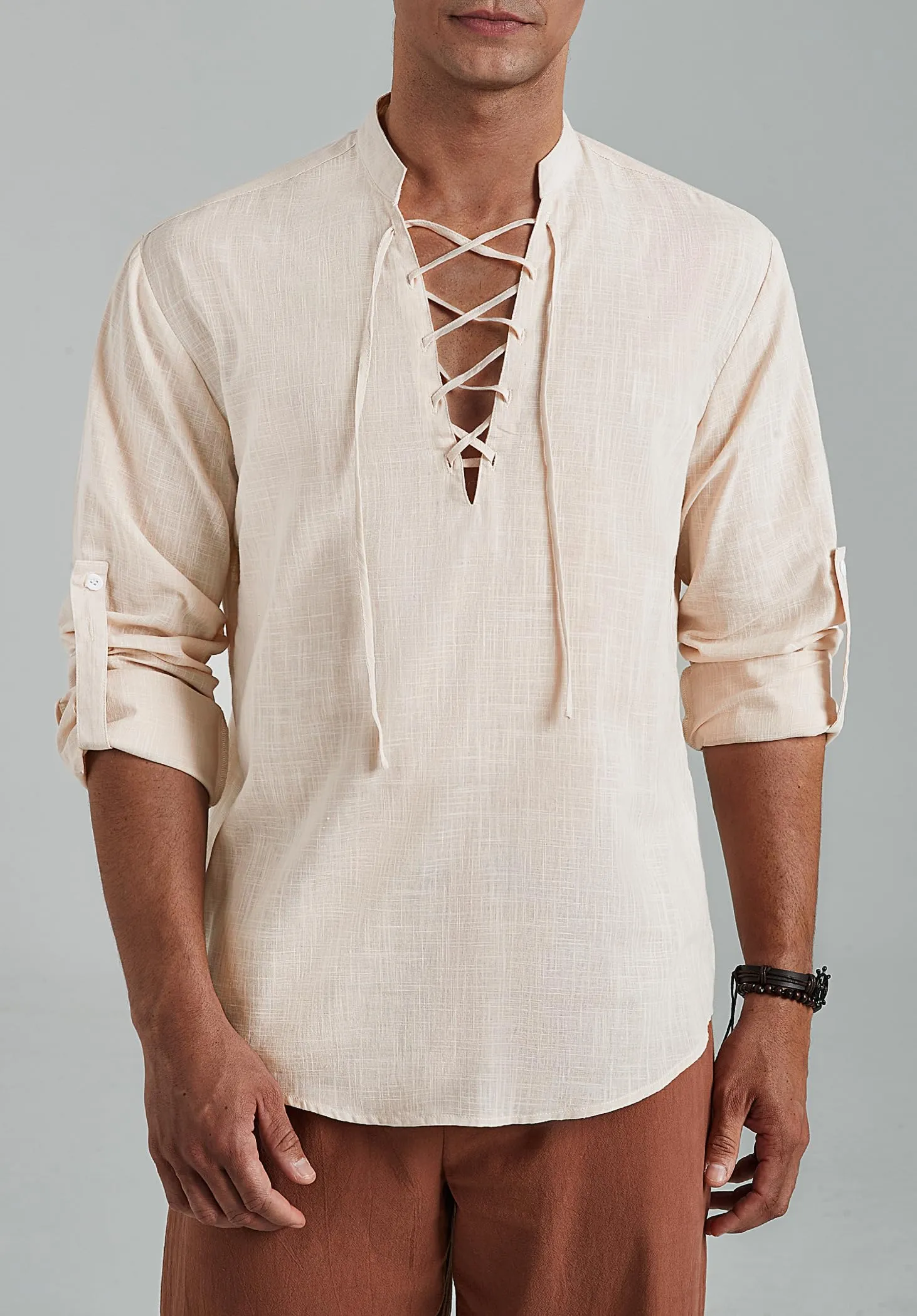 Enlision Camicia da Uomo in Lino e Cotone Medievale Rinascimentale con Lacci Maniche Lunghe, Cachi, 4XL - immagine 2