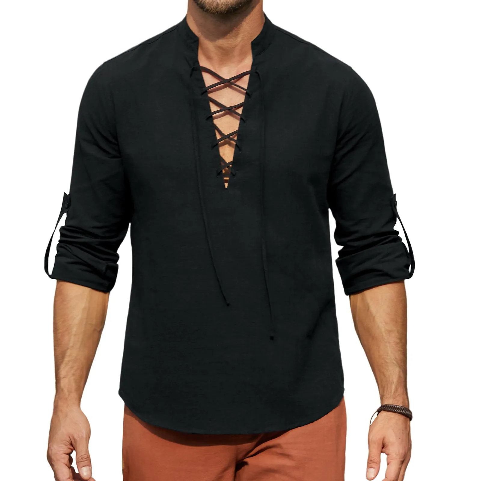 Enlision Camicia da Uomo in Lino e Cotone Retro Medievale con Lacci, Maniche Lunghe, Nero, 4XL - immagine 4